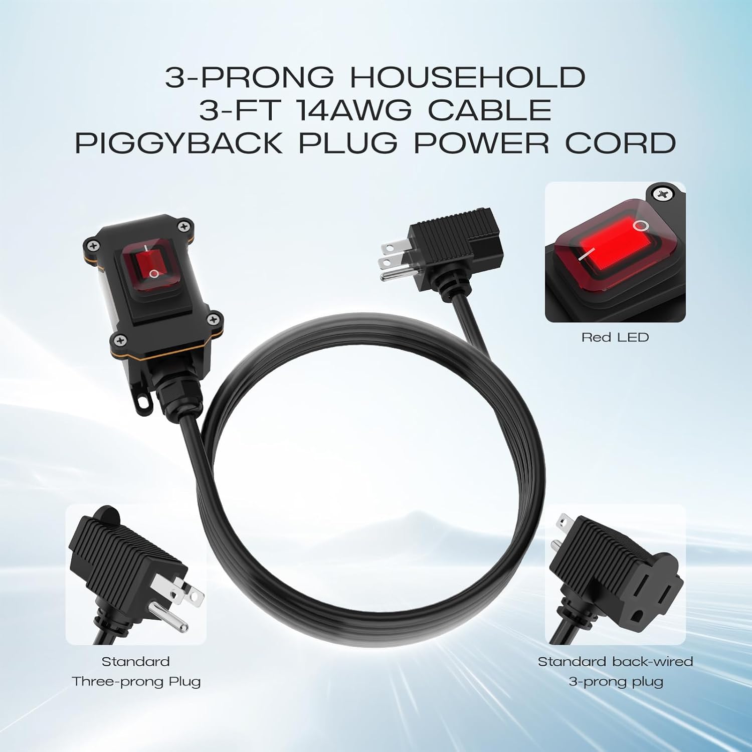 Inline Cord Switch with 4ft 18AWG, 3-Prong Cable Piggyback Plug Power Cord IP67 Waterproof Extension Cord with On/Off Outdoor Light Sturdy and Durable Switch 16A-250V 20A-125V