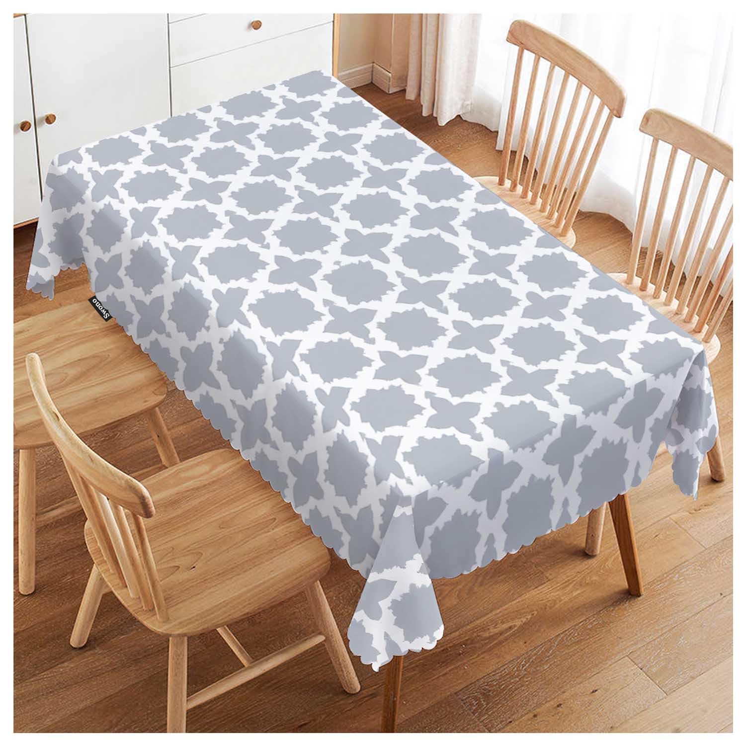 FJQWKLF Moroccan Gray White Table Covers 52x70 Inch Modern Geometric Quatrefoil Wipeable Tablecloth Kitchen Dinning Tabletop Decoration, Table Cloth for Outdoor and Indoor Use