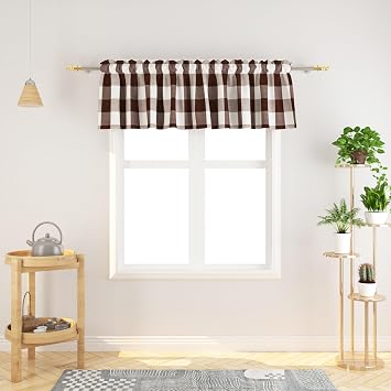Window Curtain Valances 14 inches Long Living Room Bedroom Kitchen 1 Panel Buffalo Check Small Short Mini Valance Curtain Topper Rod Pocket Classic Country Farmhouse 72W"x14L" - Brown & White