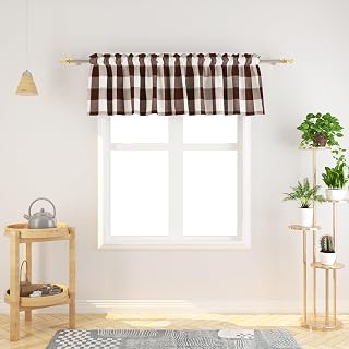 Window Curtain Valances 18 inches Long Living Room Bedroom Kitchen 1 Panel Buffalo Check Small Short Mini Valance Curtain Topper Rod Pocket Classic Country Farmhouse - Brown & White