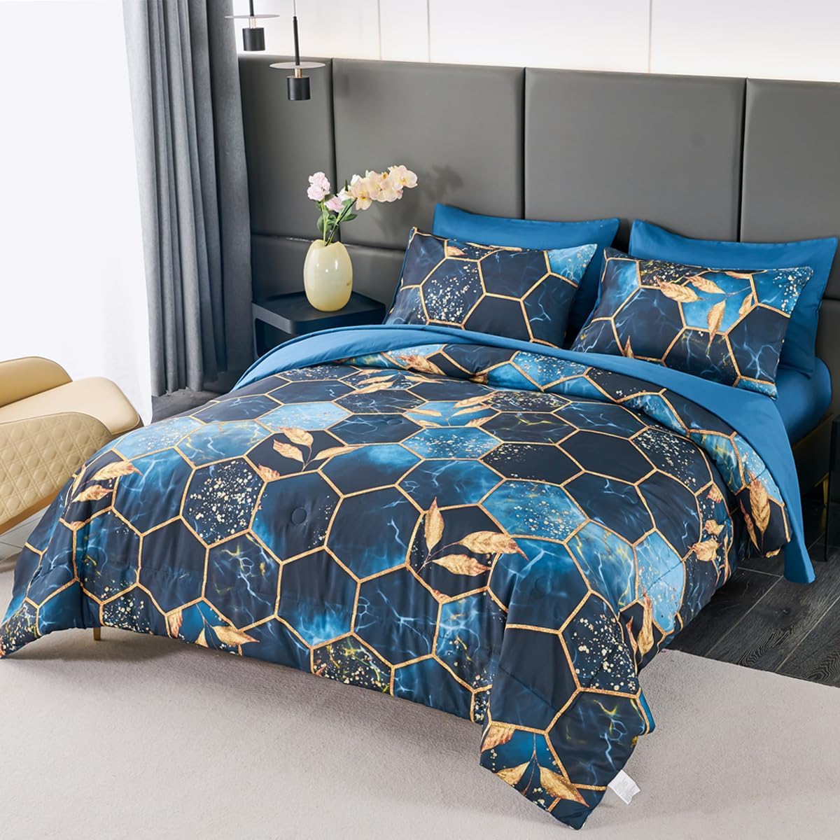 ZRNBAST 7 Pieces Royal Blue Comforter Set Queen