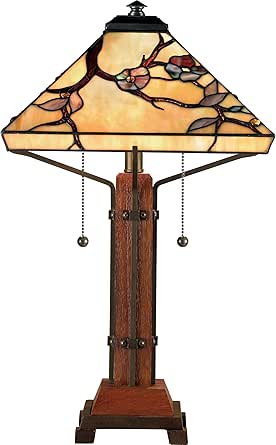 Quoizel Grove Park 2-Light Table Lamp with Handcrafted Tiffany Art Glass and Wood Base, Mission Style Portable Lamp for Bedroom, Living Room, Home Office, or Kitchen