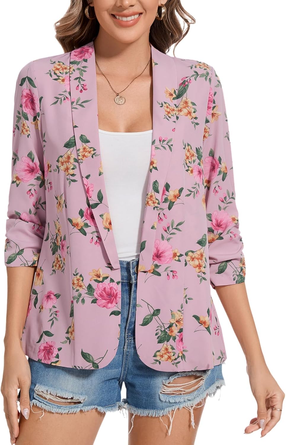 MINTLIMIT Chiffon Blazers for Women Dressy Shawl Collar Blazer Jacket Open Front Casual Fitted Suit Jackets(Floral Pink, M)