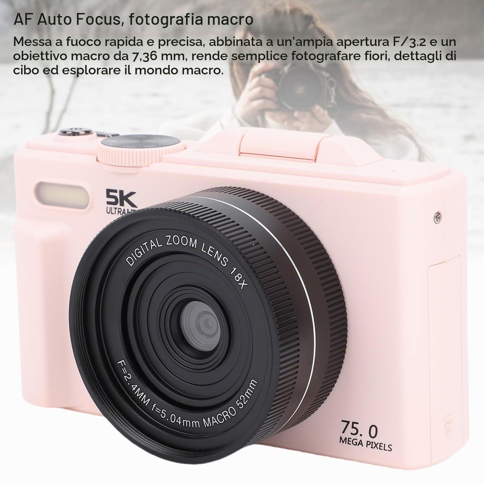 Fotocamera Digitale 5K per Fotografia, Videocamere Vlog Compatte Wi-Fi da 75 MP, Autofocus UHD, Schermo Orientabile a 180° da 3'' con Flash, Zoom 18X, Anti-vibrazione