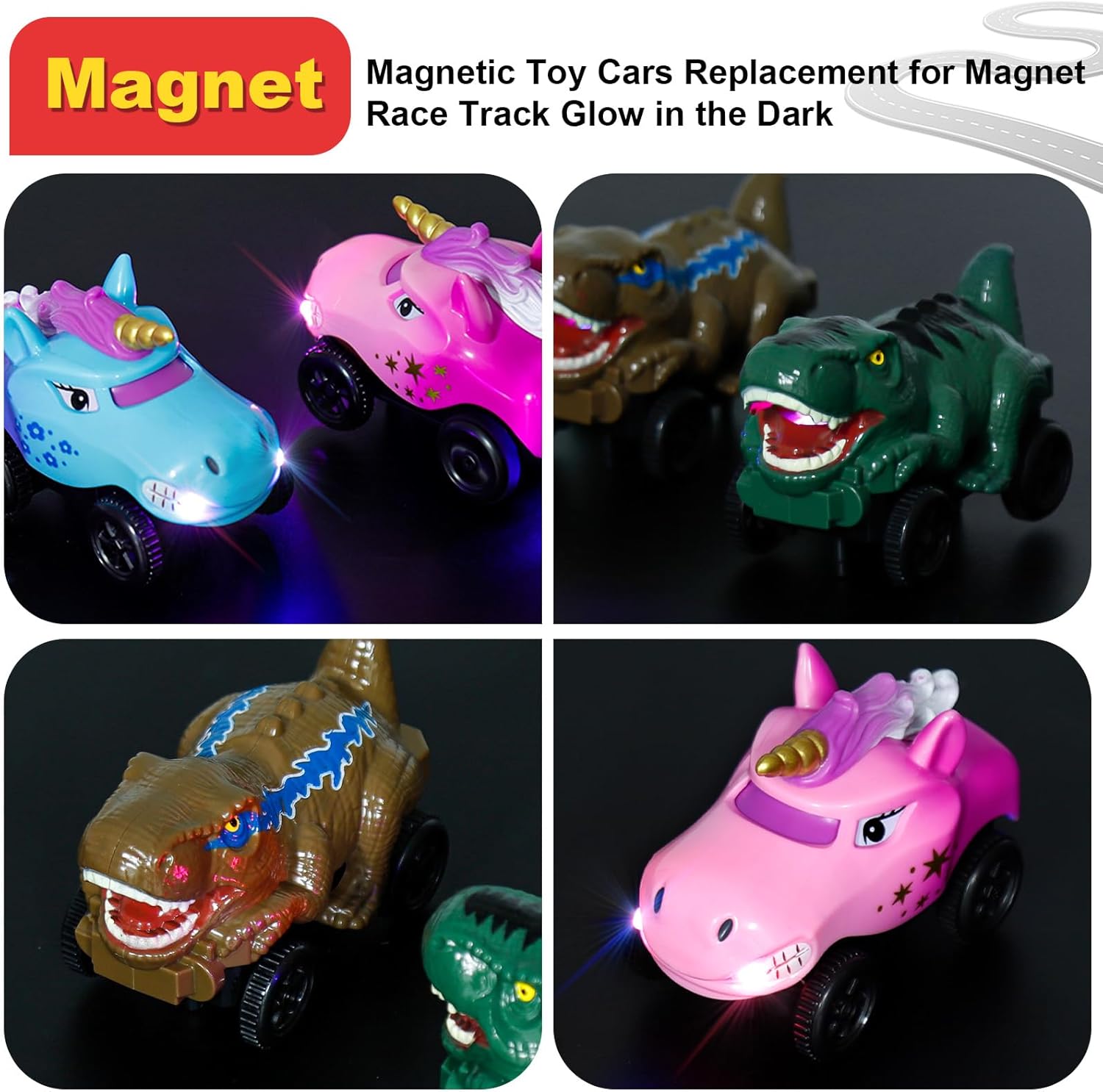 Magnetic Track Cars Replacement Only,Only Compatible with Magnetic Car Tracks for Kids Ages 3+, Flex Track Race cars Accessories Construction Building Kits for Magnet Tracks Glow in the Dark (4pack)
