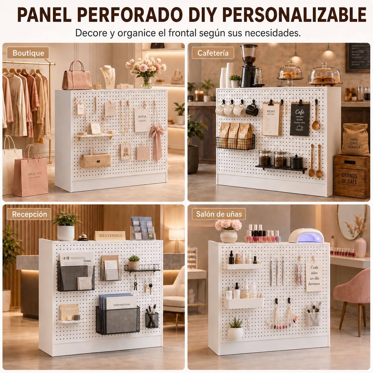 Mostrador de Recepción Blanco 120cm con Panel Perforado – Caja Registradora con 3 Estantes Ajustables, 2 Cajones con Llave, Puerta y Almacenaje – Mostrador para Tienda, Salón, Oficina, 120×110×50cm