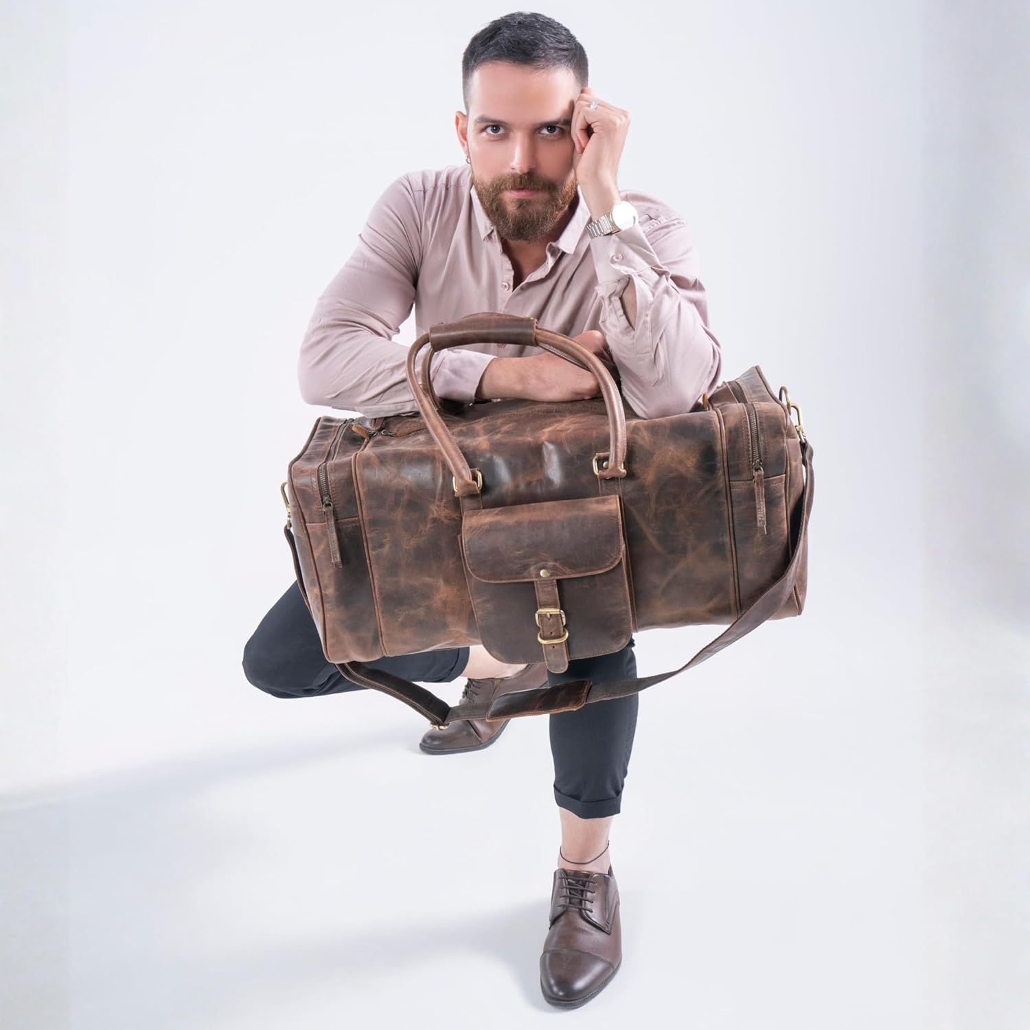 Handmade World 24 Inch Full Grain Crunch Leather Weekender Duffle Bag 'The Mettle' For Travel Sports Luggage Business For Men Women (Crunch Leather) - Image 3