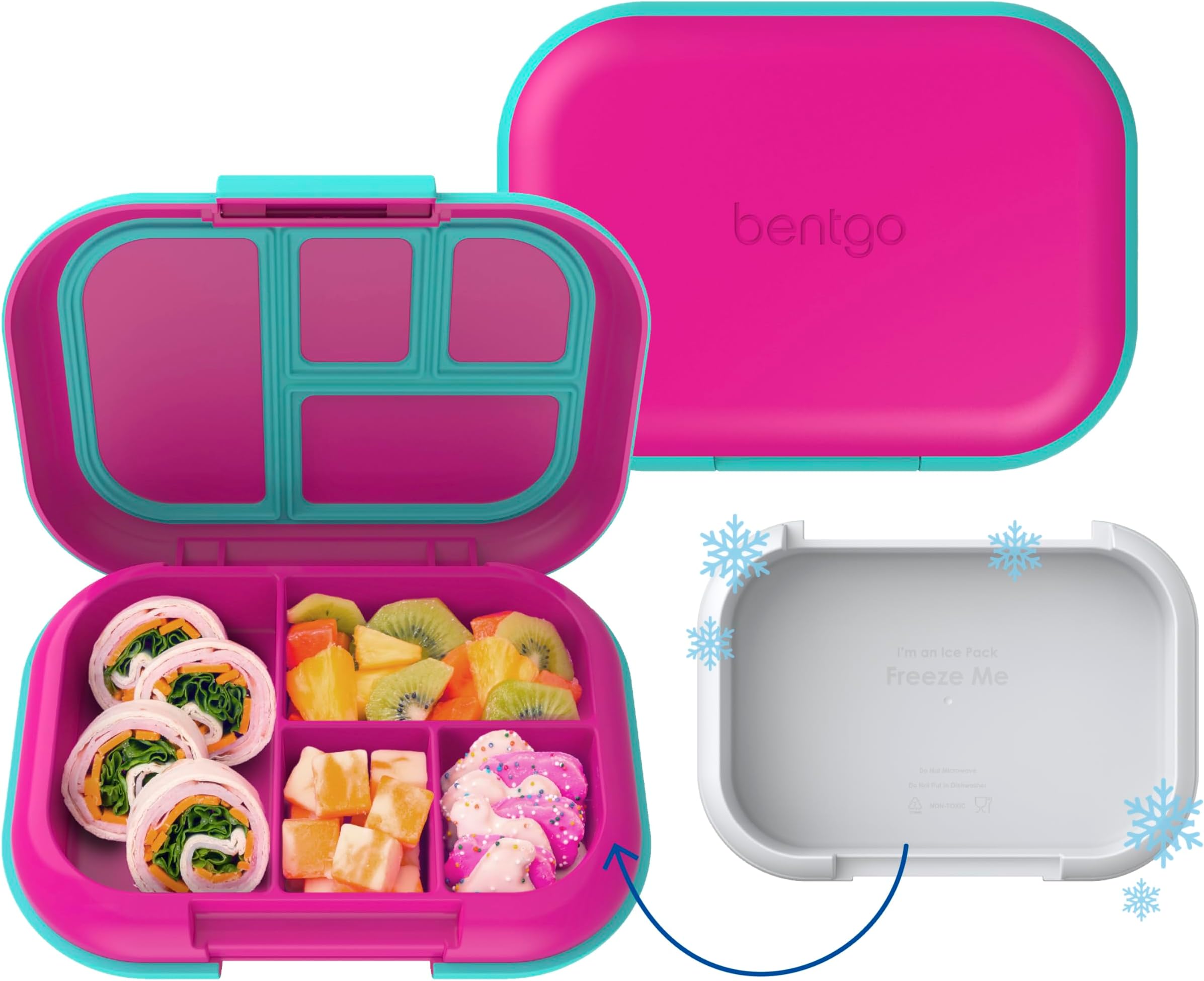 Bentgo® Kids Chill Lunch Box - Bento-Style Lunch Solution with 4 Compartments and Removable Ice Pack for Meals and Snacks On-the-Go - Leak-Proof, Dishwasher Safe, Patented Design (Fuchsia/Teal)