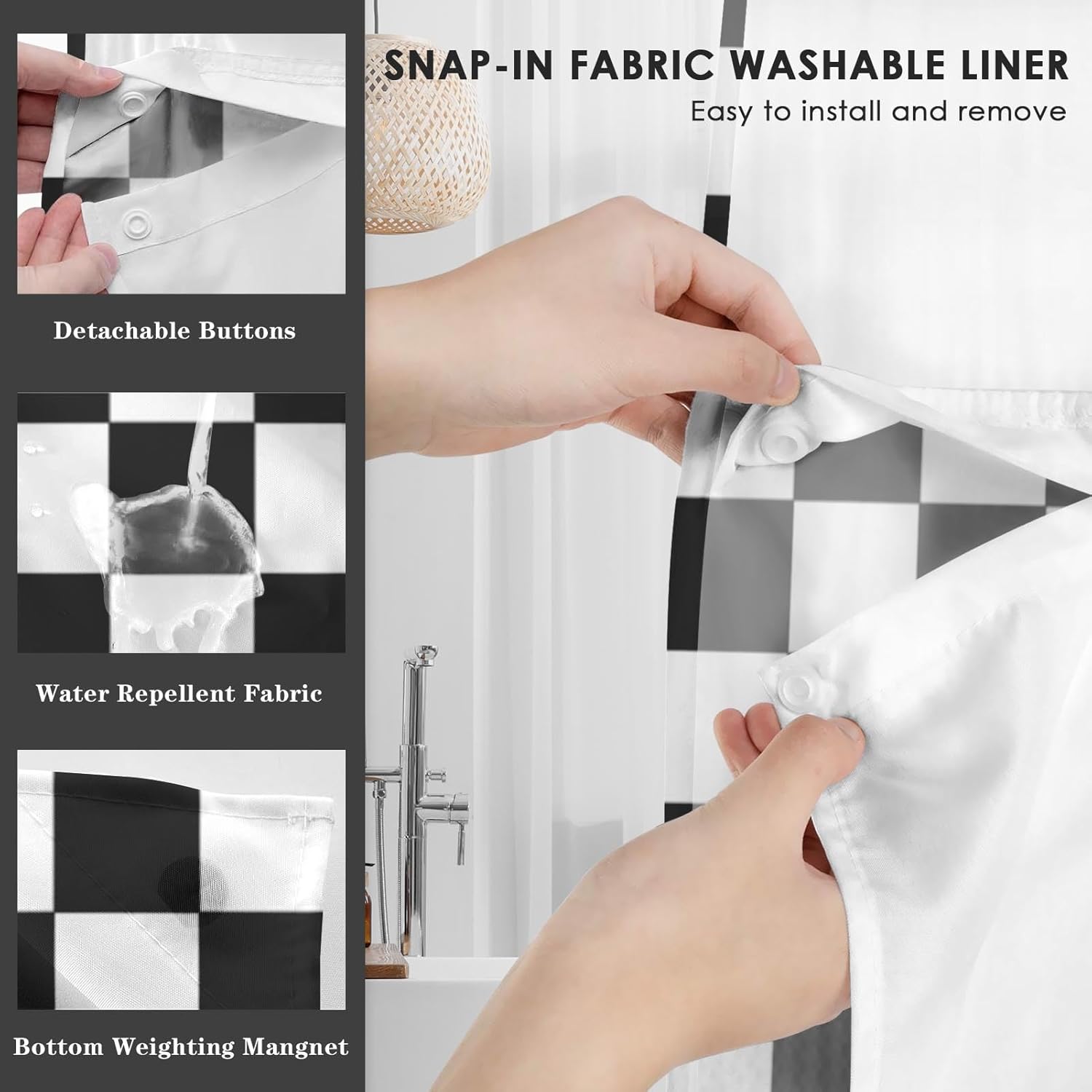 No Hook Black Checkered Shower Curtain with Snap in Fabric Liner Set, Checkerboard Aesthetic Double Layers Waterproof Fabric with See Through Top Window Open Grommet Bath Curtain 71x74 Inch