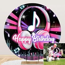 Leyiyi 6x6ft Popular Musical Theme Birthday Party Round Backdrop Pink White Headphones Music Note Karaoke Neon Light Stage Photography Background Circle Backdrop for Kids Adults Birthday Party