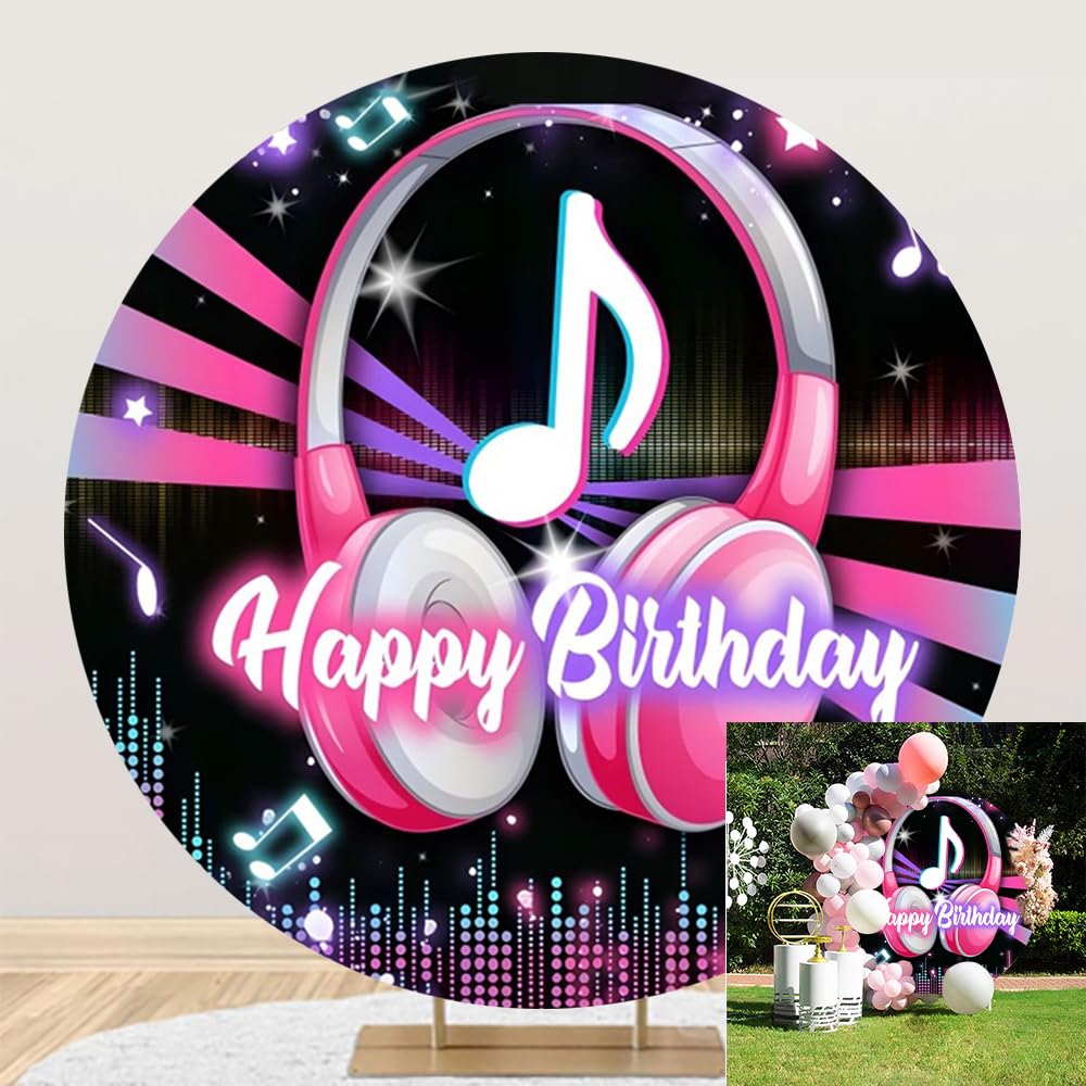 Leyiyi 6x6ft Popular Musical Theme Birthday Party Round Backdrop Pink White Headphones Music Note Karaoke Neon Light Stage Photography Background Circle Backdrop for Kids Adults Birthday Party