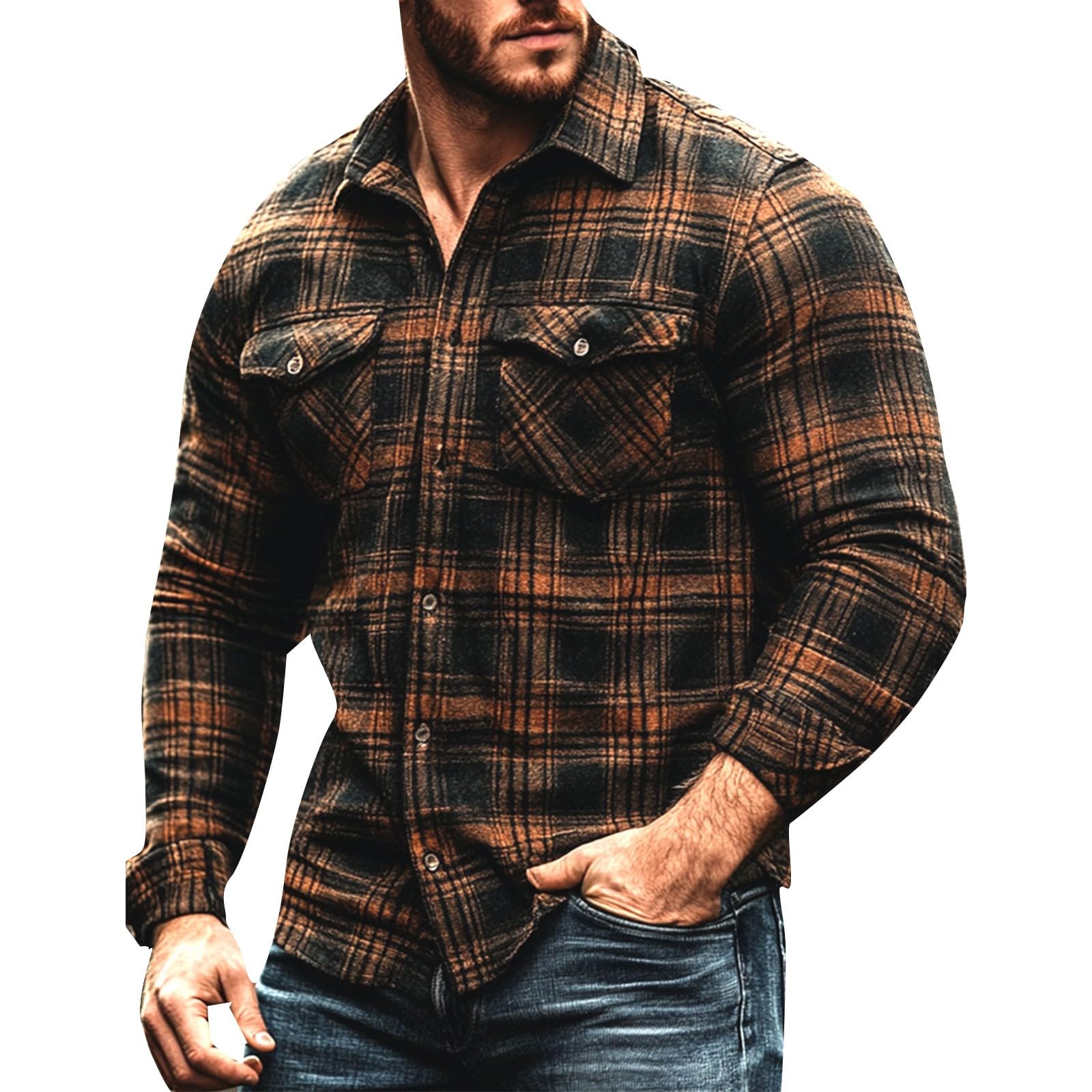 Karohemd Herren Langarm, Slim Fit Sommerhemd, Vintage Langarmshirts, Herren Freizeithemd mit Klappentasche, für Herbst Sommer