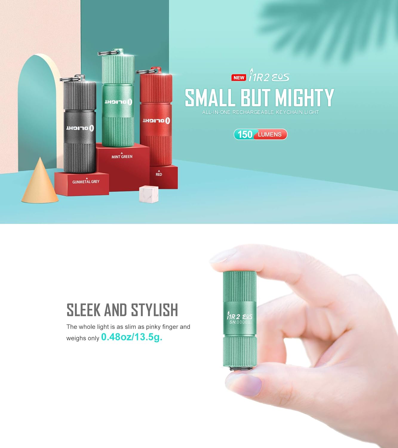 OL-Olight i1R 2 EOS 150 Lumens Tiny Rechargeable Led Keychain Light Twist Switch Mini Compact Flashlight with Built-in Rechargeable Battery and Battery Box(Mint Green Color) - - 