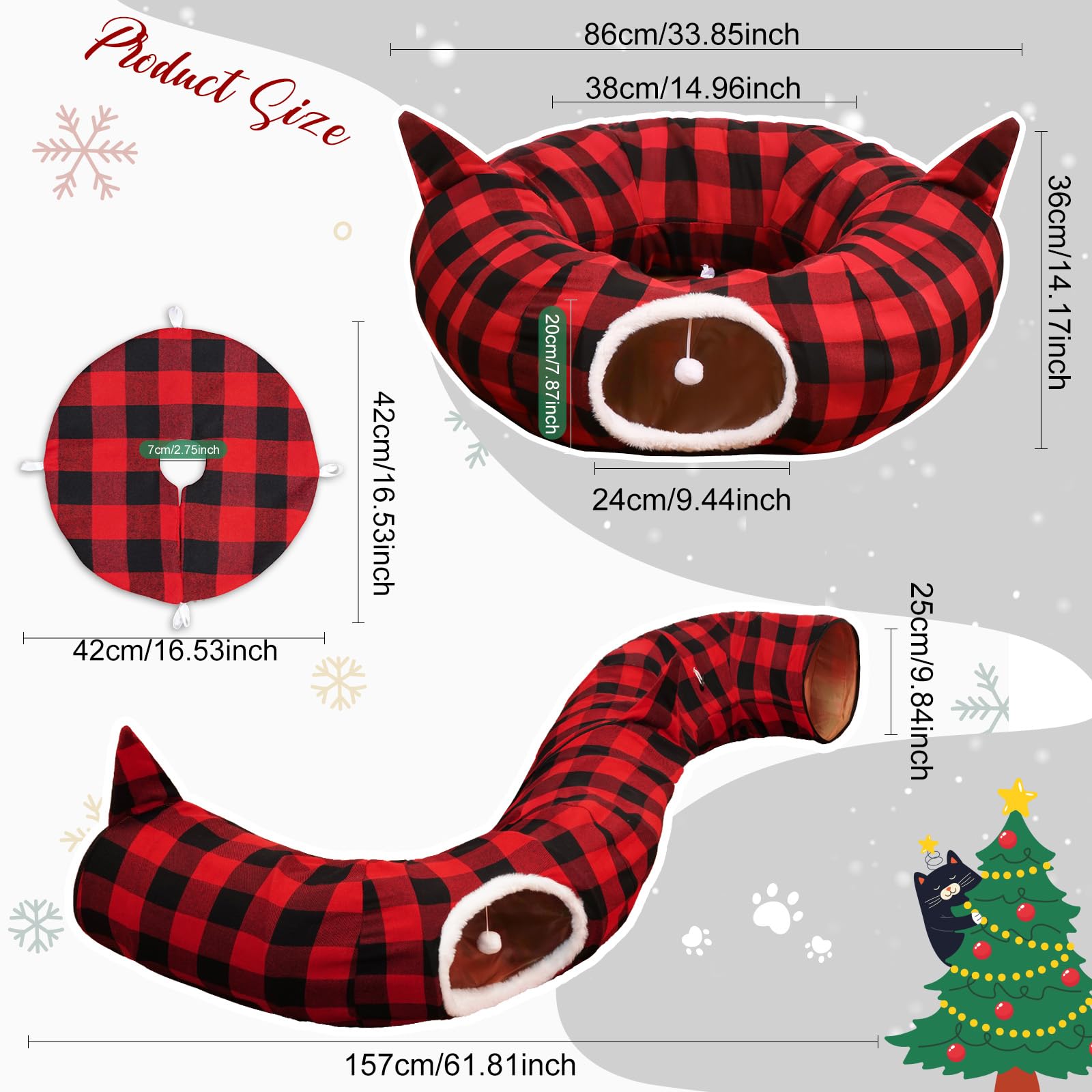OurWarm Katzentunnel mit Weihnachtsbaumrock, Katzenbetten für Indoor-Katzen mit hängendem Ball, Büffelkariert, Weihnachtsdekorationen, Katzenhöhle für Katzen und Kleintiere, Innen- und