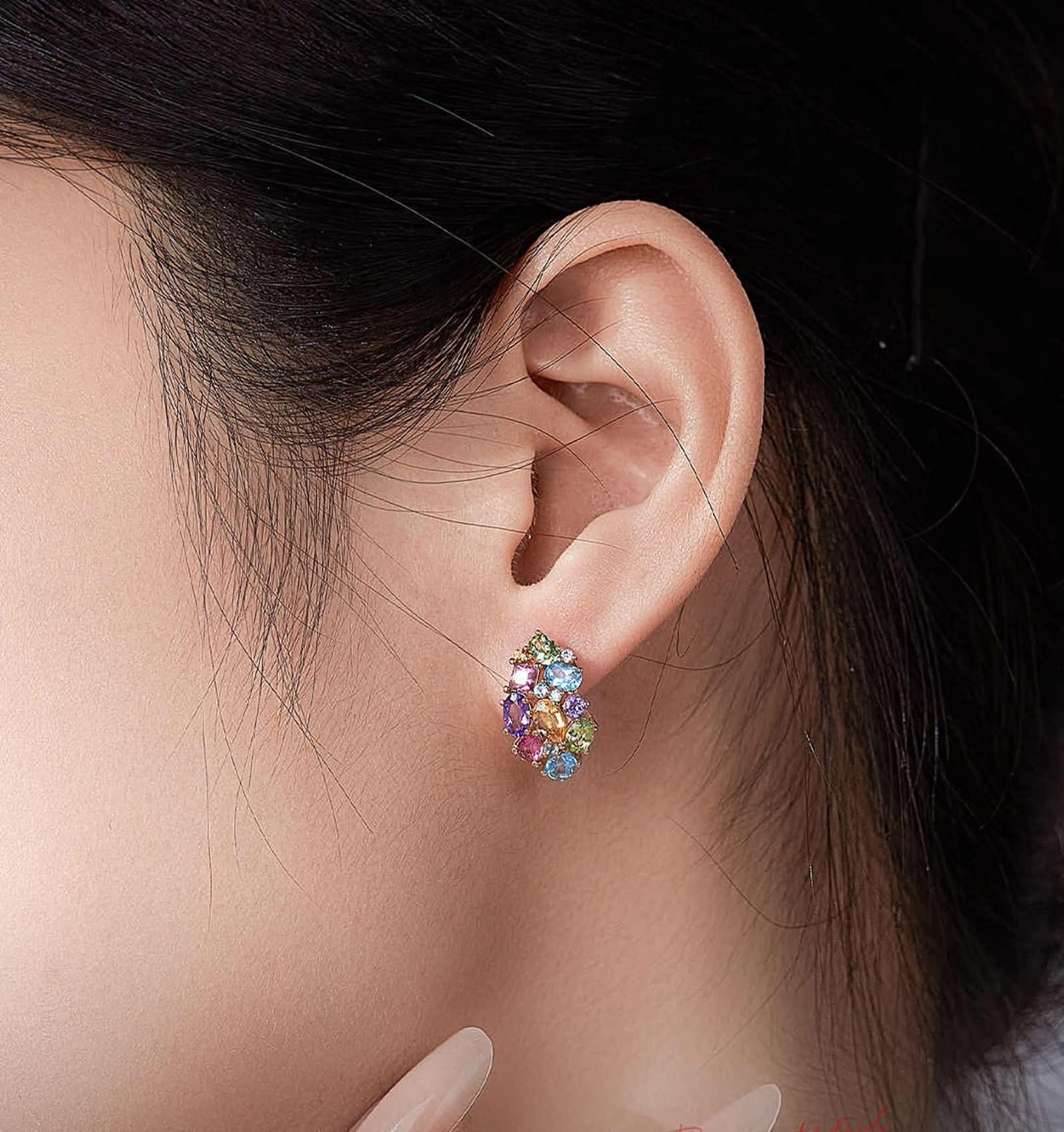 Pendientes de aro de oro amarillo de 9 K, 14 y 18 quilates para mujer, con piedras preciosas naturales coloridas
