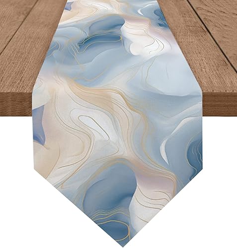 Camino de mesa de lino, 72 pulgadas de largo, textura abstracta de mármol ombré, camino de mesa de arpillera lavable, piedra moderna con línea