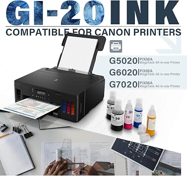 GI-20 GI20 Ink Refill Bottles Kit Compatible for Canon PIXMA G6020 G7020 G5020 6020 7020 5020 MegaTank Printers, Compatible for Canon GI-20 Ink Refill Bottles 5 Pack (Black 140ML, Color 70ML)