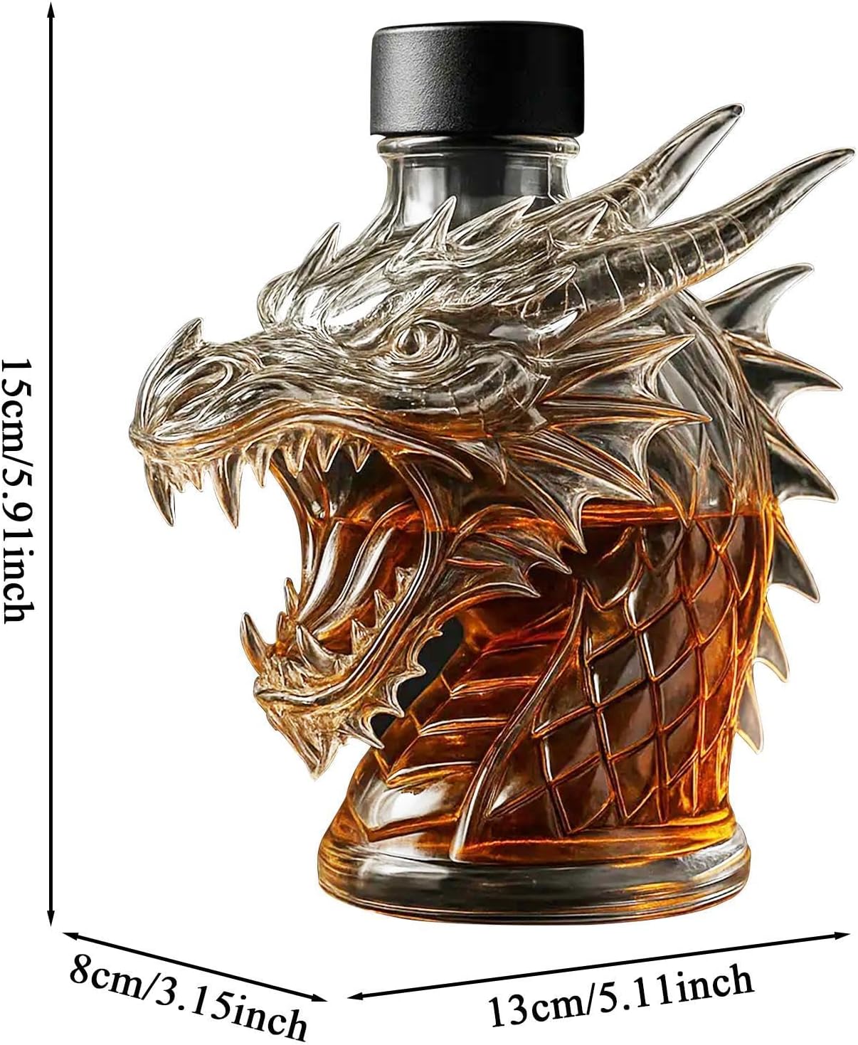 Whiskey Decanter - Dragon Shaped Glass Liquor Bottle, Novelty Bar Display Container with Detailed Sculpted Design and Airtight Stopper, Sturdy Decorative Craftsmanship, Ideal for Home Tasting Wed