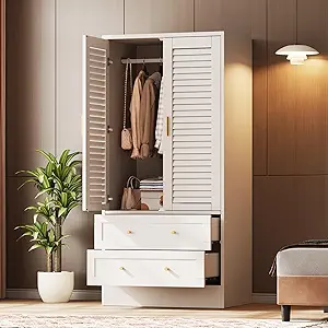 65" Wooden Armoire Wardrobe Closet, Wood Clothing Storage Cabinets with 2 Doors and 2 Drawers, Wooden Wardrobe Closet with Hanging Rod for Bedroom, Cloak Room, Laundry Room, Entrance Hall(White)