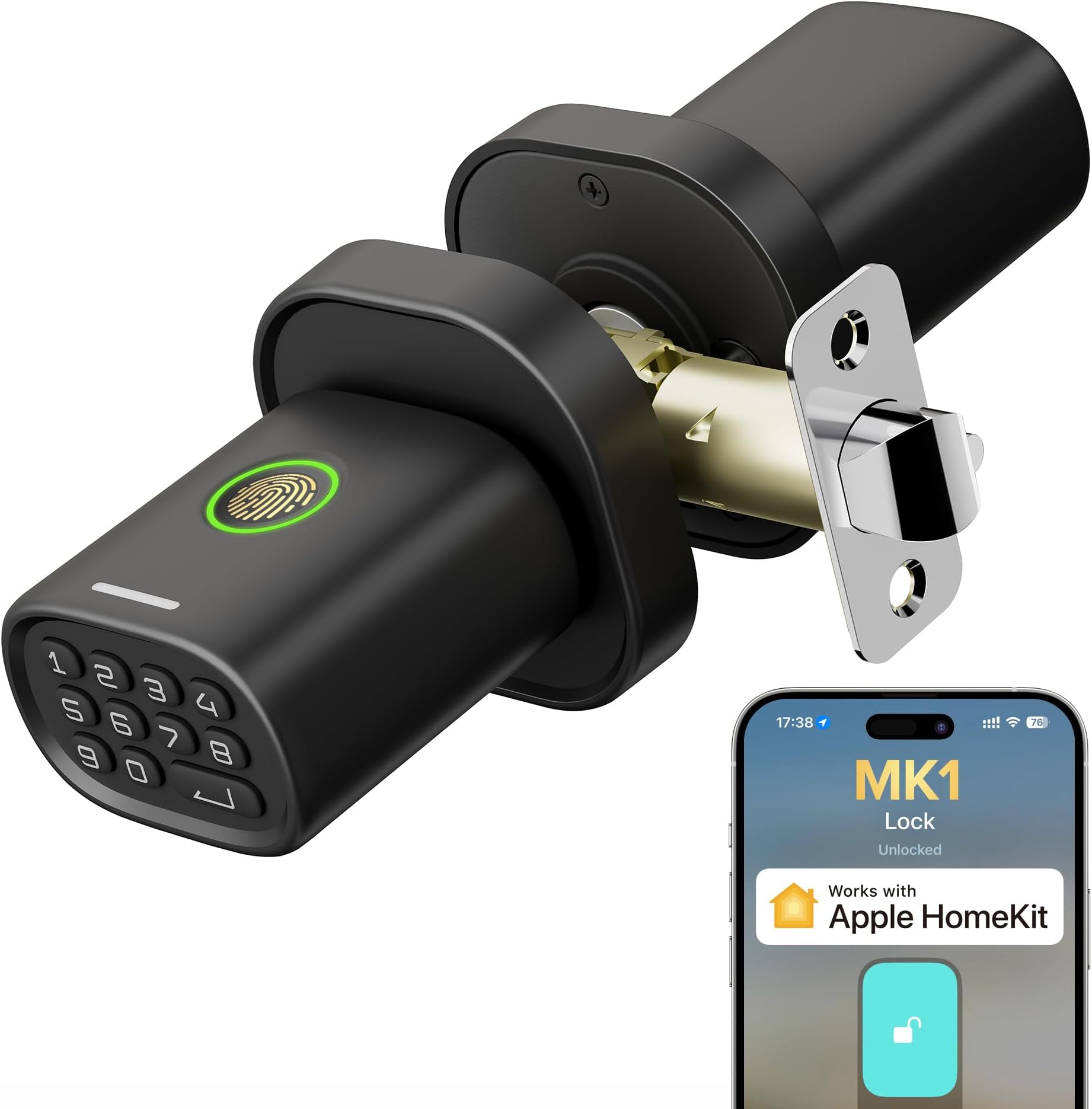 Fingerprint Door Lock with Keypad Door Knob, HomeKit Lock Over 𝗧𝗛𝗥𝗘𝗔𝗗, HomeKit Hub 𝗥𝗲𝗾𝘂𝗶𝗿𝗲𝗱, 𝗶𝗢𝗦 𝗢𝗡𝗟𝗬 Smart Lock for Interior Door, Bedroom, Office, MK1 Black