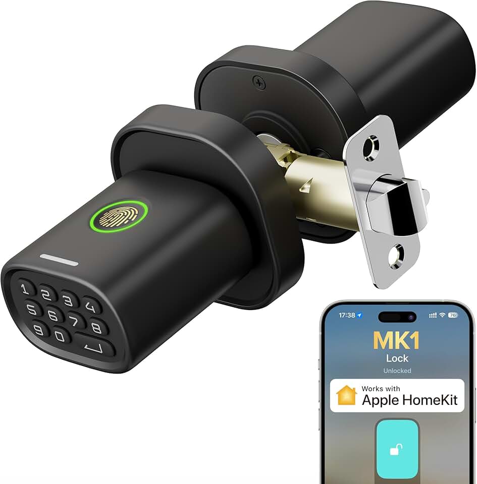 ThorBolt Fingerprint Door Lock with Keypad Door Knob, HomeKit Lock Over 𝗧𝗛𝗥𝗘𝗔𝗗, HomeKit Hub 𝗥𝗲𝗾𝘂𝗶𝗿𝗲𝗱, 𝗶𝗢𝗦 𝗢𝗡𝗟𝗬 Smart Lock for Interior Door, Bedroom, Office, MK1 Black Global Recycled Standard