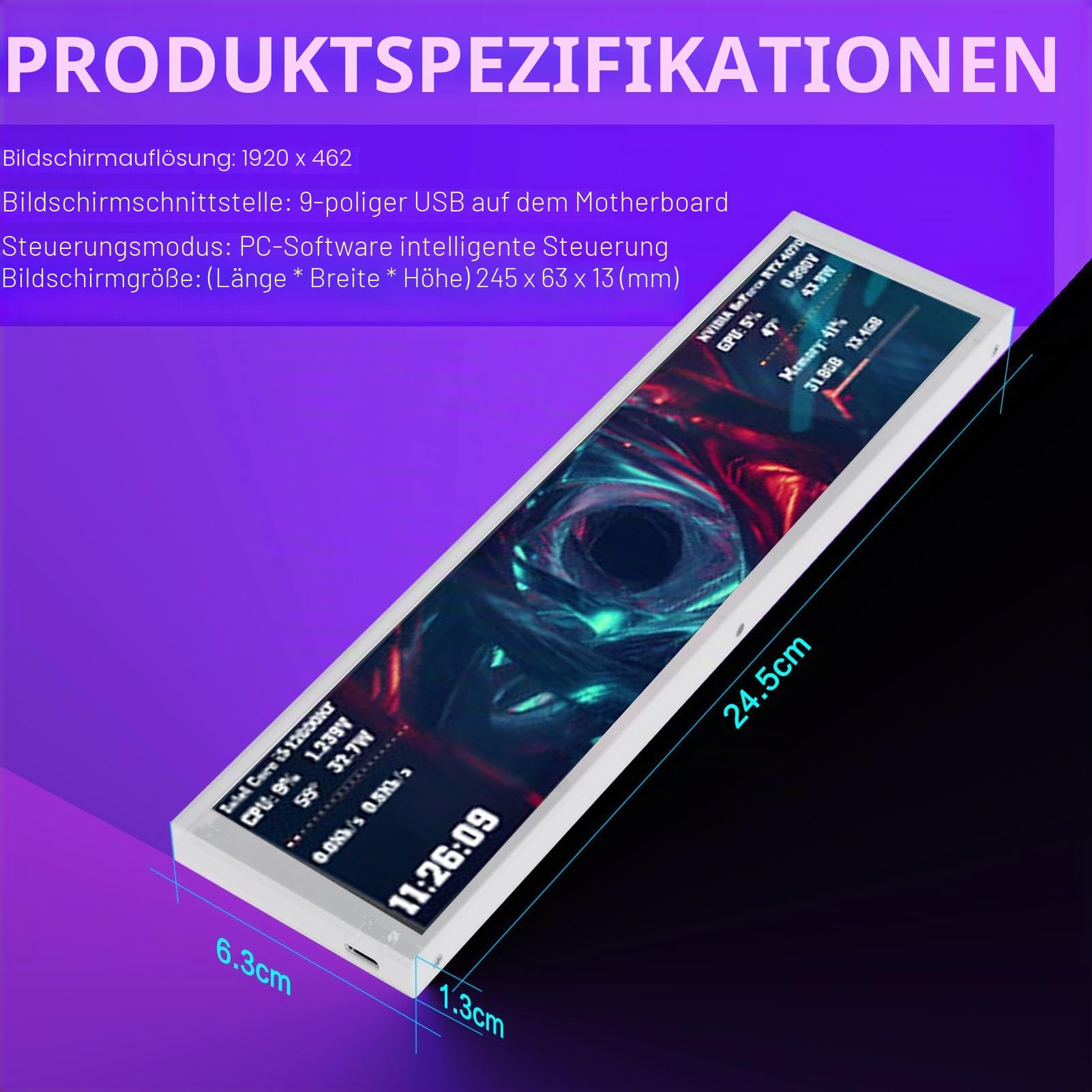 Dpofirs 9,2 Zoll FHD PC Temperaturanzeigefeld, Sekundärer Computerbildschirm mit Dynamischen Videothemen und Einzelkabel Einrichtung für CPU GPU Überwachung und Benutzerdefinierte (White)