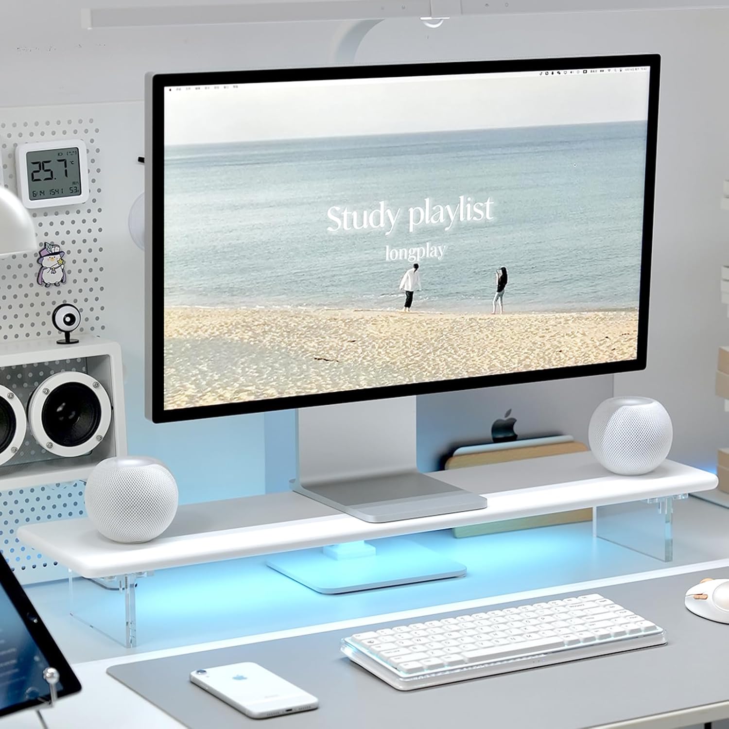 Bamboo Monitor Stand Riser with RGB Lights,31.5 Inches Desktop Shelf with Acrylic Legs Supports for Desk, PC Computer Monitor, Laptops, Printer, Speakers (White) White x RGB Light