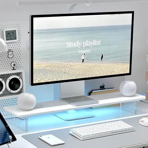 ROCDEER Bamboo Monitor Stand Riser with RGB Lights,31.5 Inches Desktop Shelf with Acrylic Legs Supports for Desk, PC Computer Monitor, Laptops, Printer, Speakers (White) - White x RGB Light