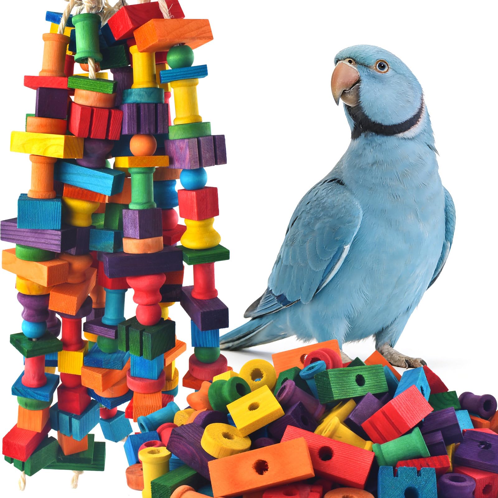 DBNESS Bird Toys for Parrots, 200 Pcs Colorful Multi-Shaped DIY Wooden Blocks Craft, Natural Parrot Chew Training Foot Toy for Amazon African Grey Cockatiels Conure Monk Parakeet
