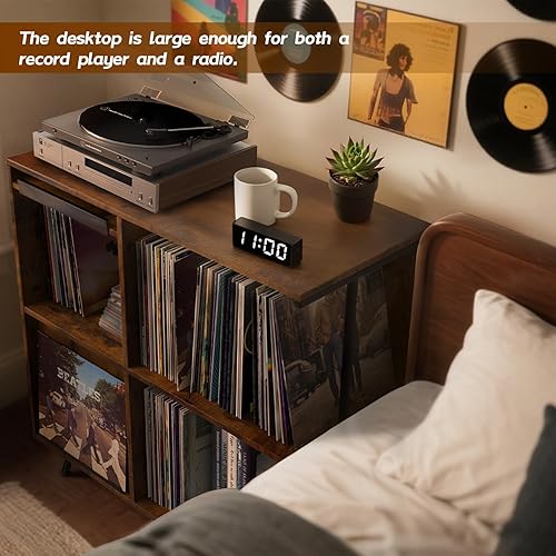 Miniatura 4 de Soporte para tocadiscos de 3 niveles, tocadiscos abatible con capacidad para hasta 300 álbumes, soporte giratorio grande de mediados de siglo,