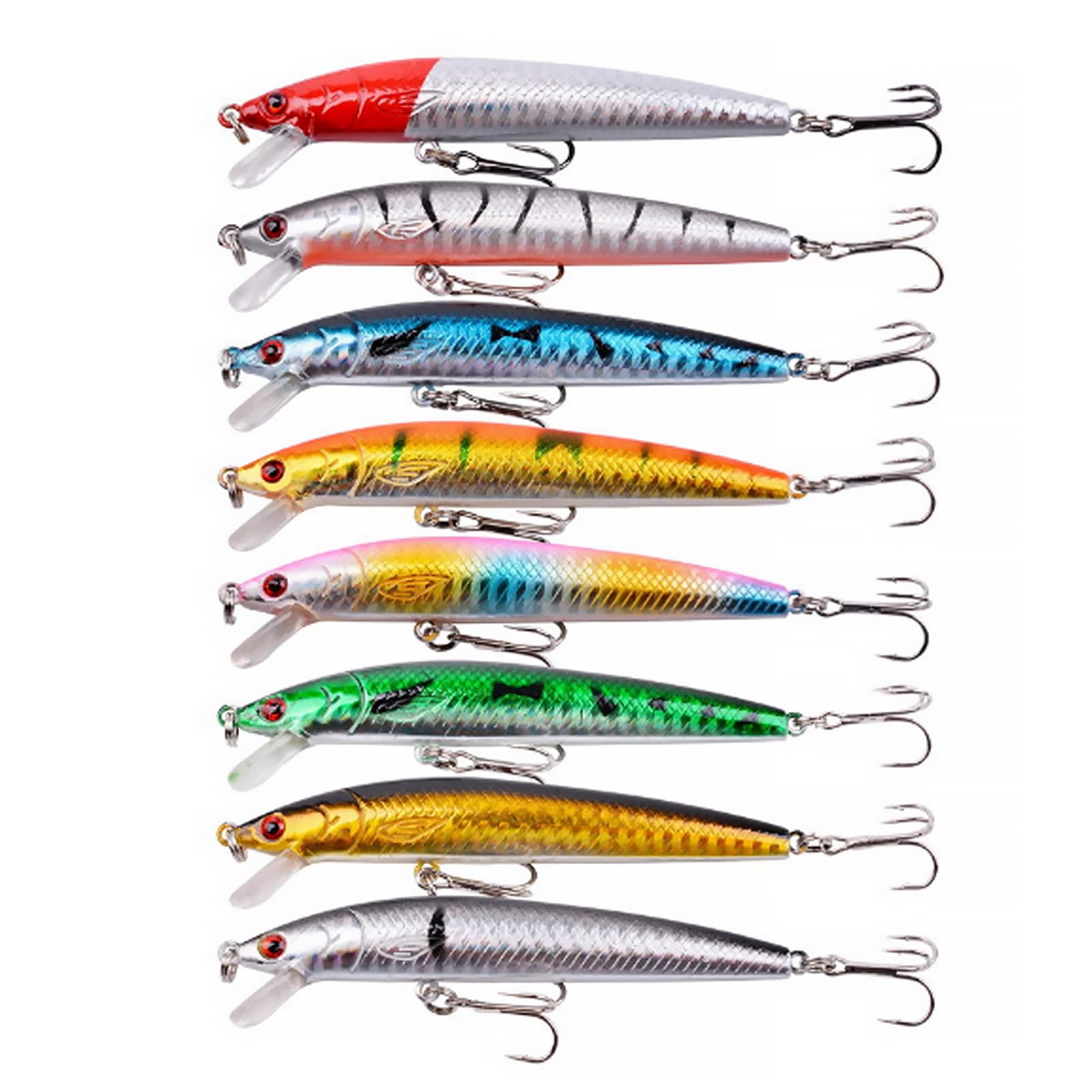 Wjelet 8 Pcs Sea Fishing Lures, Bass Lures with 3D Scales, Trout Bait, Natural Movement, Reflective Coating - Durable, Versatile, Realistic Bait for Freshwater & Saltwater Fishing