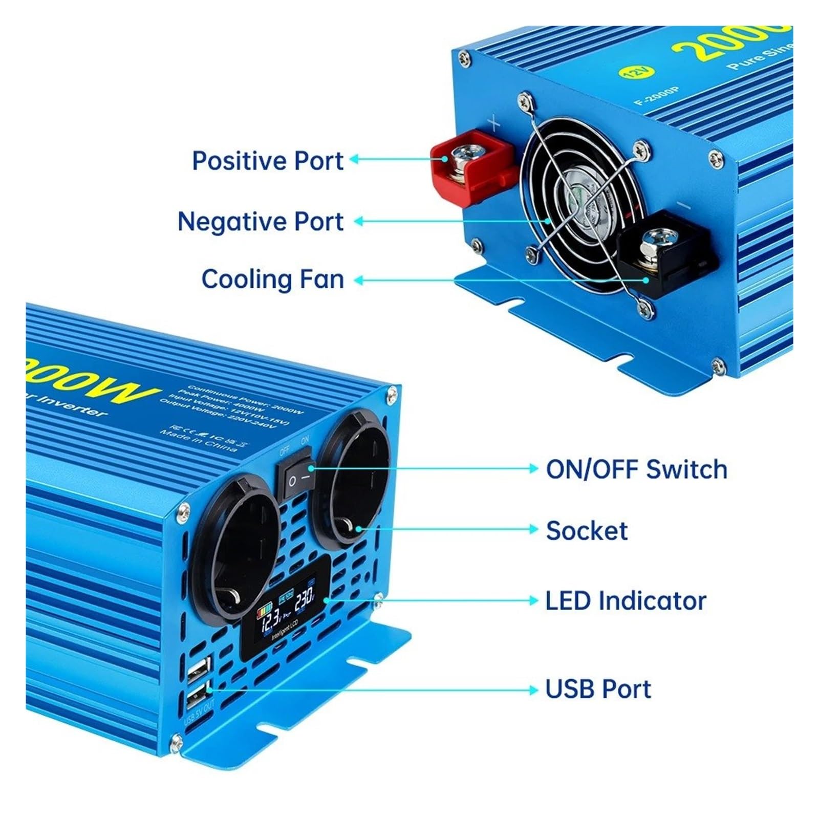 Inversor Corriente Onda Sinusoidal Pura 2 Tomas Convertidor Potencia Congelador Hervidor Ventilador Suministro Energía Eléctrica Doméstica 4000 W(12V,220V Universal,5000W Peak)