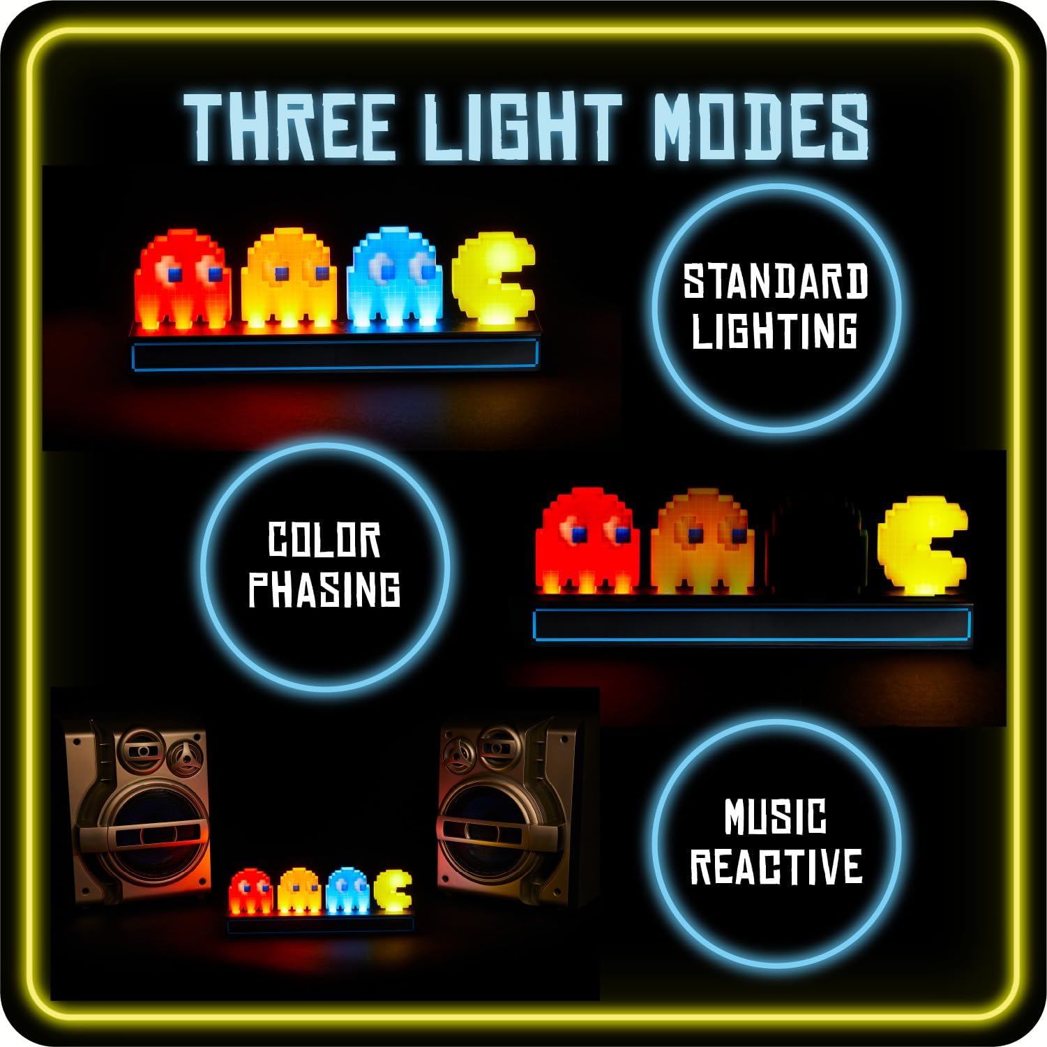 Pac Man & Geister Schreibtischlicht - Offiziell lizenziert, schallreaktiv mit 3 Lichtmodi, betrieben über USB oder Batterie, Gaming-Raum-Deko, Retro-Gamer-Geschenk