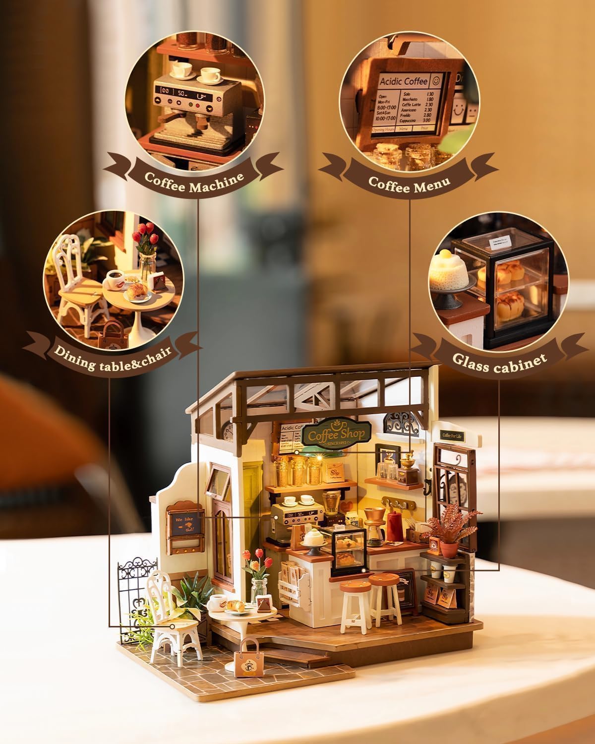 RoWood Miniaturowy zestaw do domku dla lalek do kawiarni, drewniany model DIY dla dorosłych i nastolatków