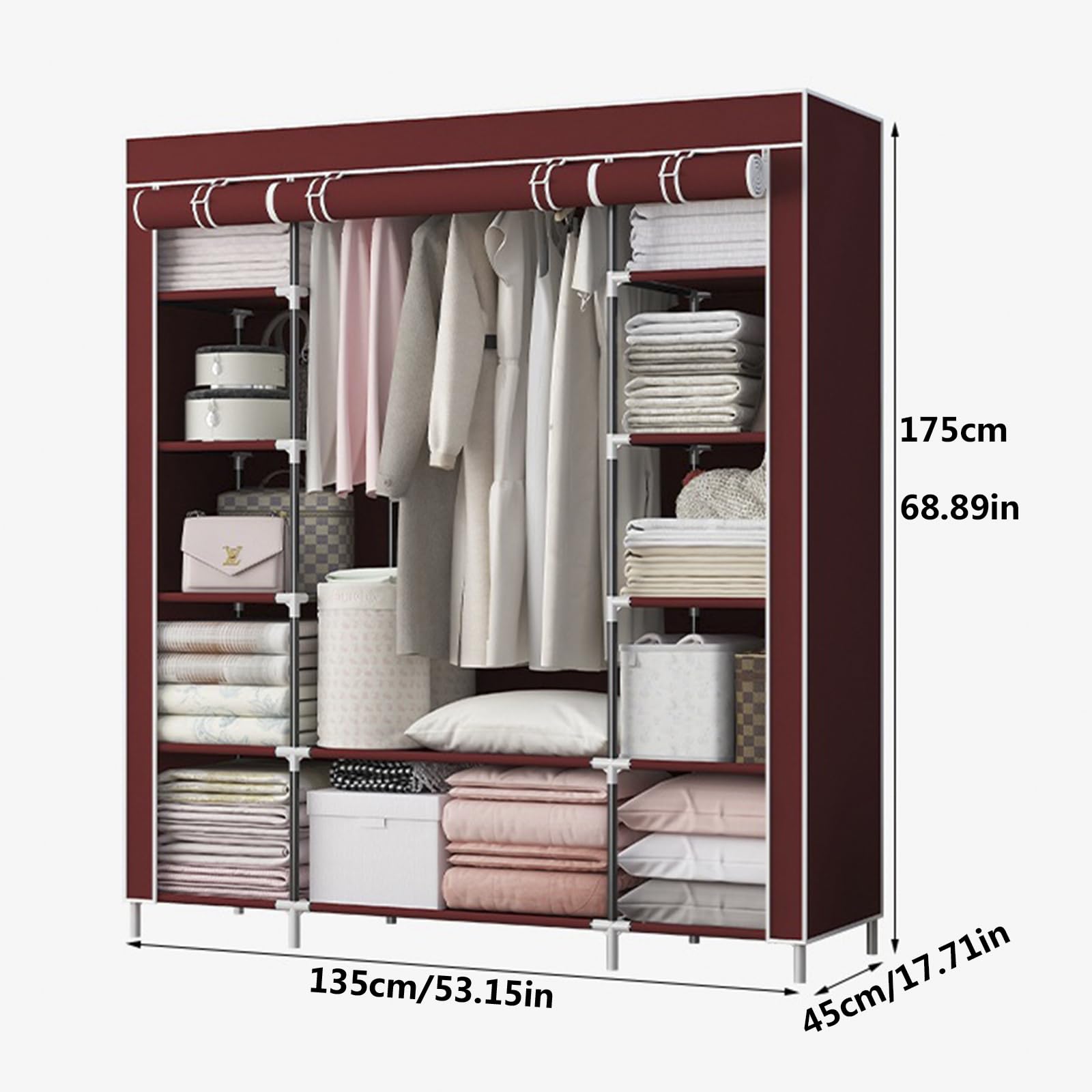 Armario de Tela Portátil, Armario Organizador de Ropa Plegable Modular con 1 Barras para Colgar & 12 Estantes, Ropero Resistente al Polvo para Dormitorio Pasillo, 128x45x175cm,Burgundy