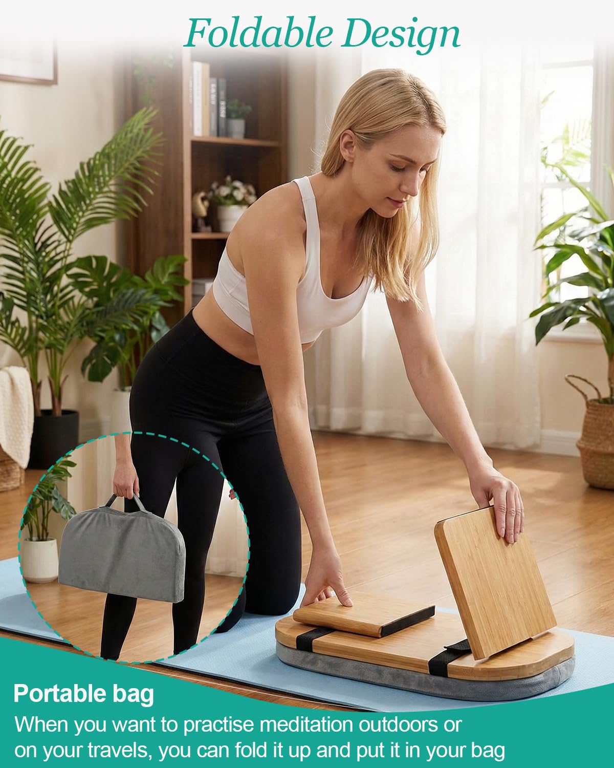 Banc de méditation avec coussin, tabouret de méditation pliable en bambou pour femme, banc de prière Seiza, banc de méditation à genoux, idéal pour la méditation, la prière, le yoga (gris)
