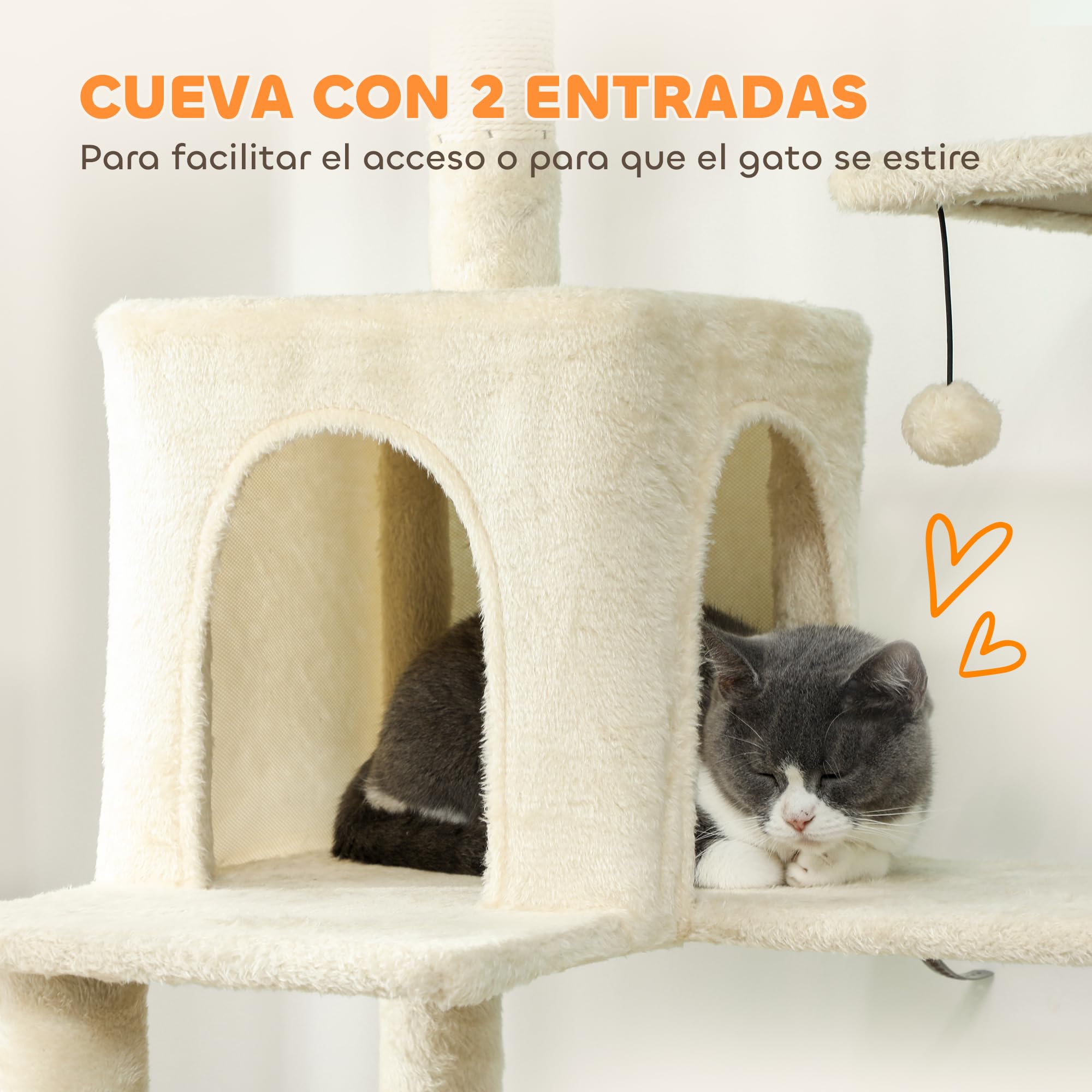 PawHut Árbol Rascador para Gatos 202 cm con 2 Cuevas Beige | Árbol para Gatos, Torre Escalador, 2 Hamacas, 6 Postes de Sisal, 3 Bolas, Cuerda para Jugar