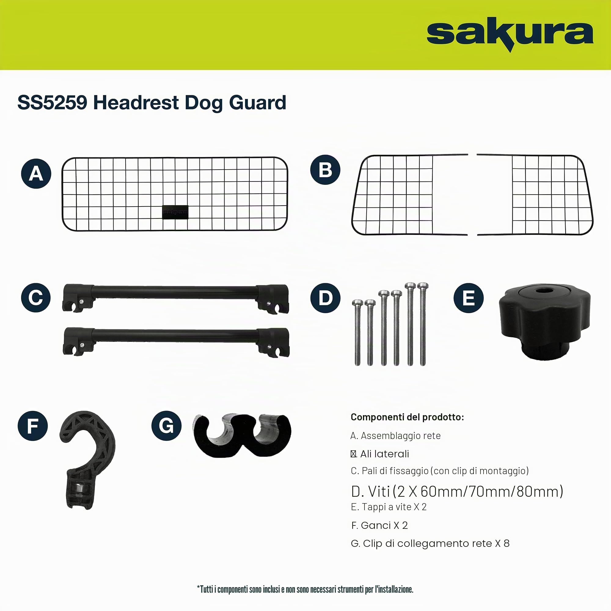 Sakura SS5259 - Divisorio per Cani da Auto per Poggiatesta, Facile Montaggio, per Berline, Station Wagon Suv, Mpv, Larghezza Regolabile, Montaggio Senza Strumenti