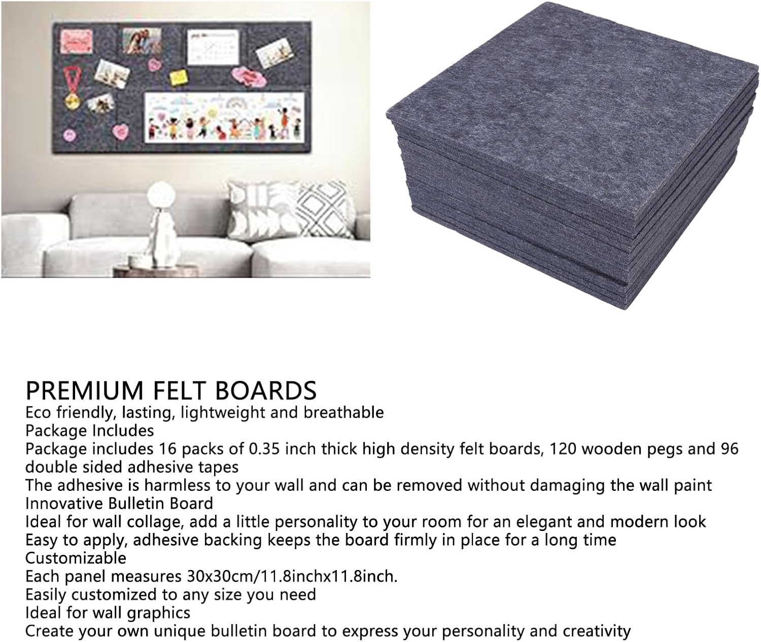 16 Pcs Felt Bulletin Board, 11.81 X 11.81in Decorative Picture Framed Display Board, Felt Wall Tiles with Removable Adhesive Tabs for Home School Office