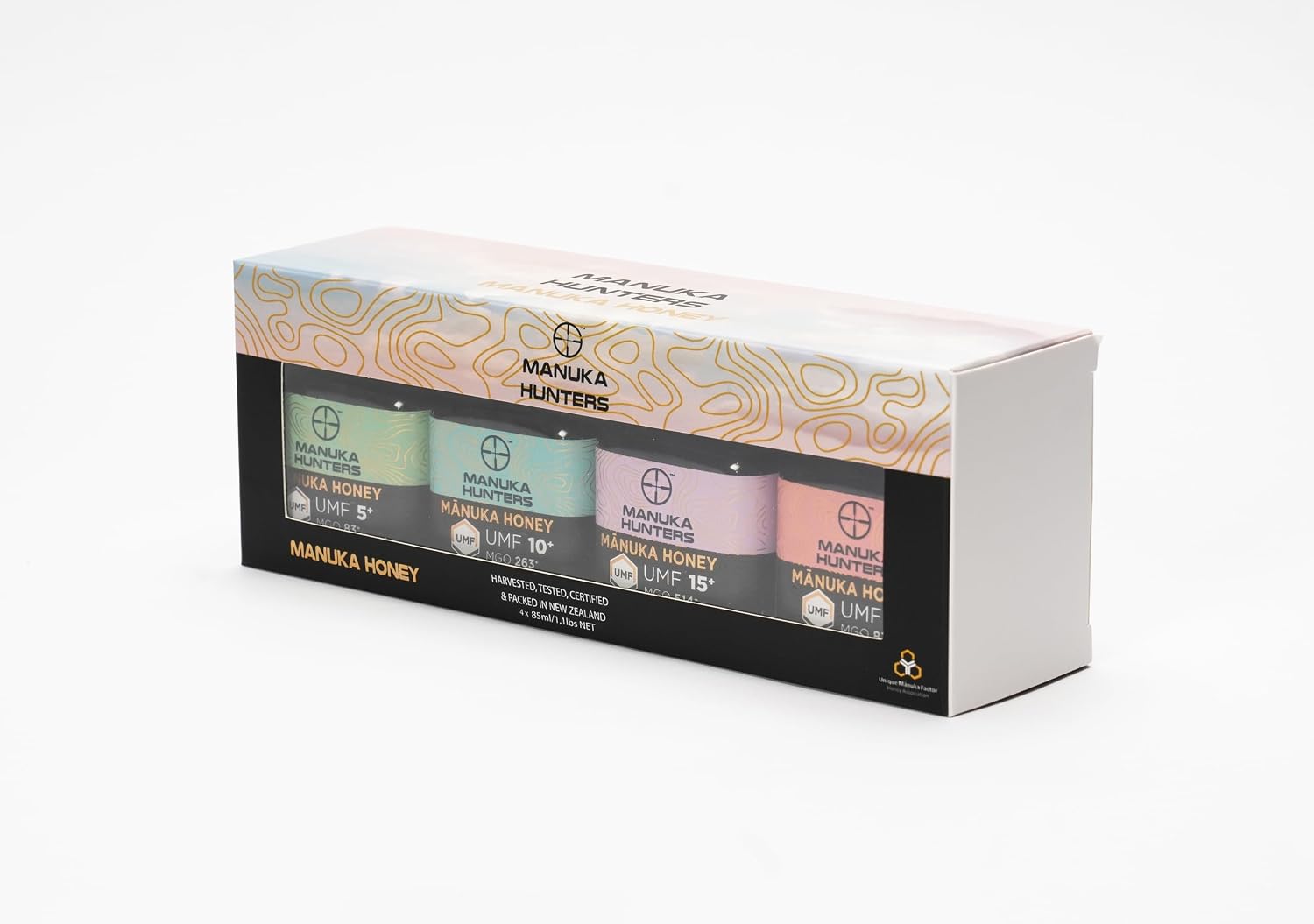 Manuka Hunters Raw New Zealand Honey Gift Set 4-Pack Honey Sampler with UMF 5+,10+,15+,20+ (125g = 85ml Each) – 100% Pure Natural Sweetener - Ideal for Tea, Coffee, Smoothies, Baking - Sustainable