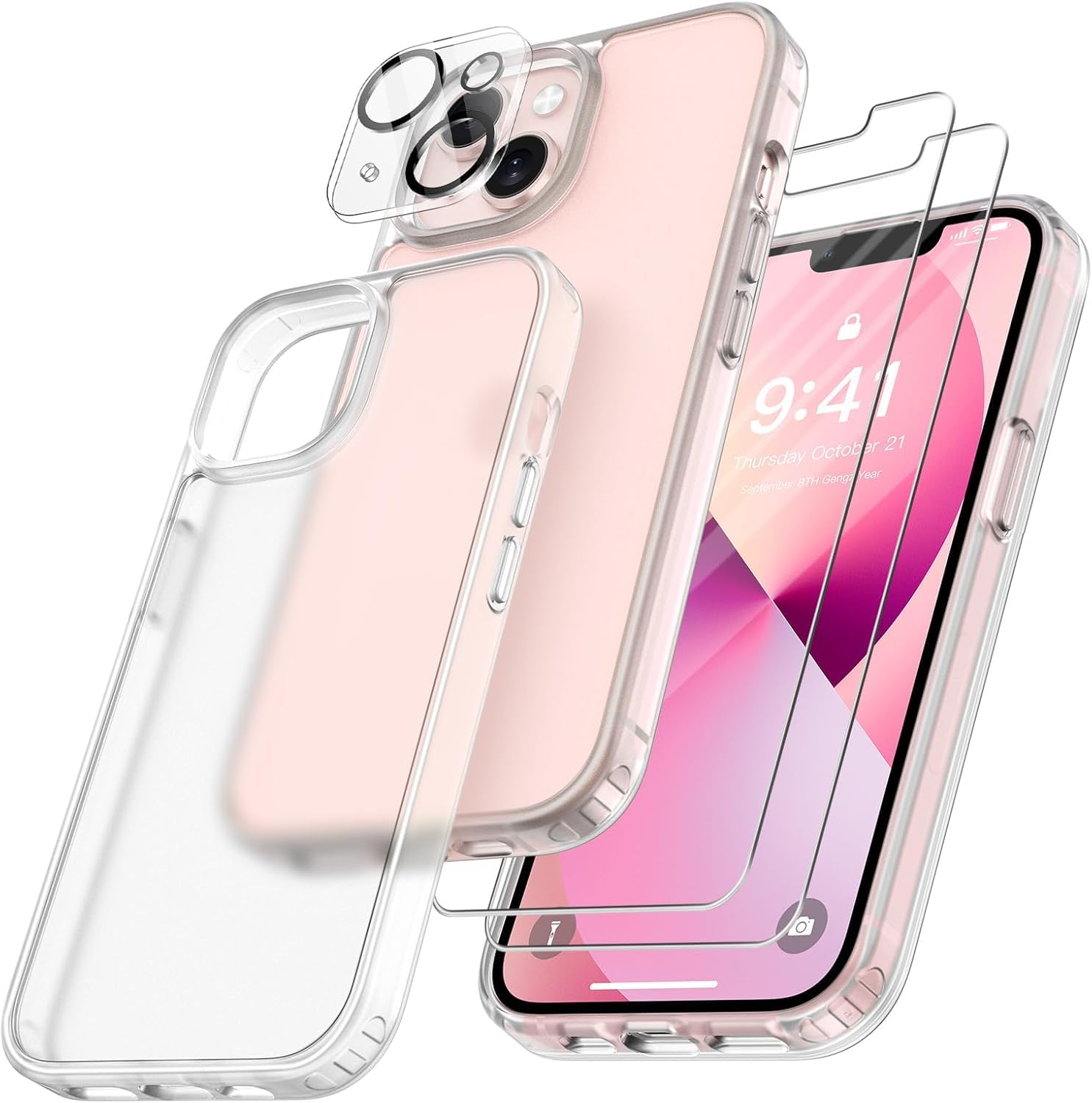 FLLAO 4 in 1 Cover per iPhone 13 Custodia con 2 Pellicola Vetro Temperato e 1 Fotocamera Protettiva, [Cuscino d'aria integrato] Morbido TPU Bumper Protection Cover iPhone 13, Bianco