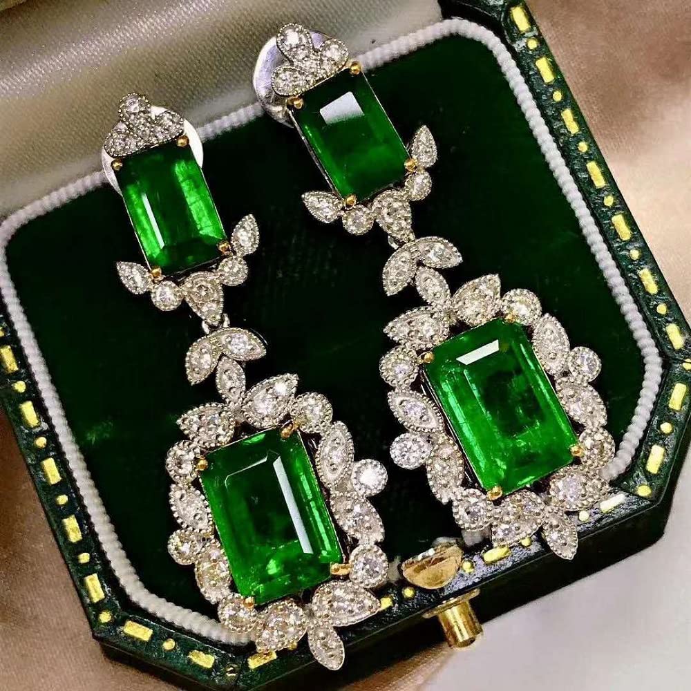 Vintage Fashion Ladies 925 Silver Natural Green Crystal Drop Earrings CZ Luxury Princess Cut Emerald Stud Earrings Wedding Engagement Party Fashion Jewelry Earrings CZC788 (Green Diamond)