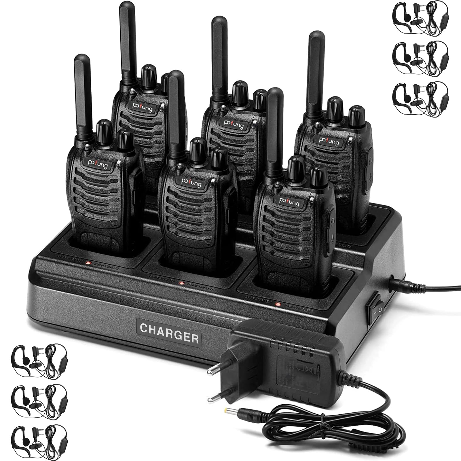 Walkie Talkies PMR446 Funkgeräte Set, pofung PT88E Lizenzfrei Funkgerät 6er | 16 Kanäle Handfunkgerät Eingebauter LED Taschenlampe Walki Talki Wiederaufladbare 6-Wege-Ladegerät Base Headset Lager Schwarz