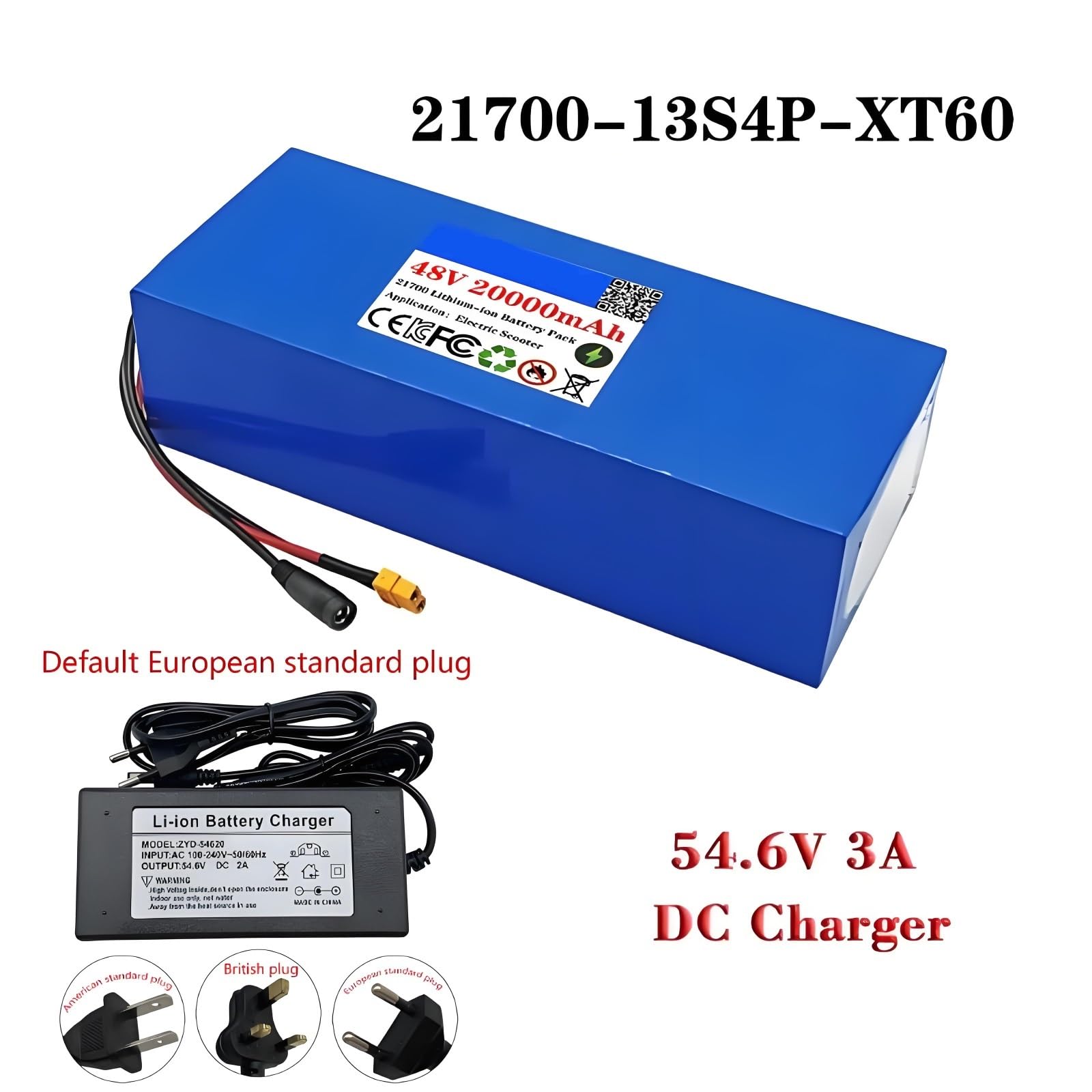 Batería 48V 20Ah 13S4P 21700 Litio Con BMS 30A Para Bicicleta Eléctrica Patinete Moto Eléctrica Silla De Ruedas 285×113×75mm XT60 Cargador 54.6V