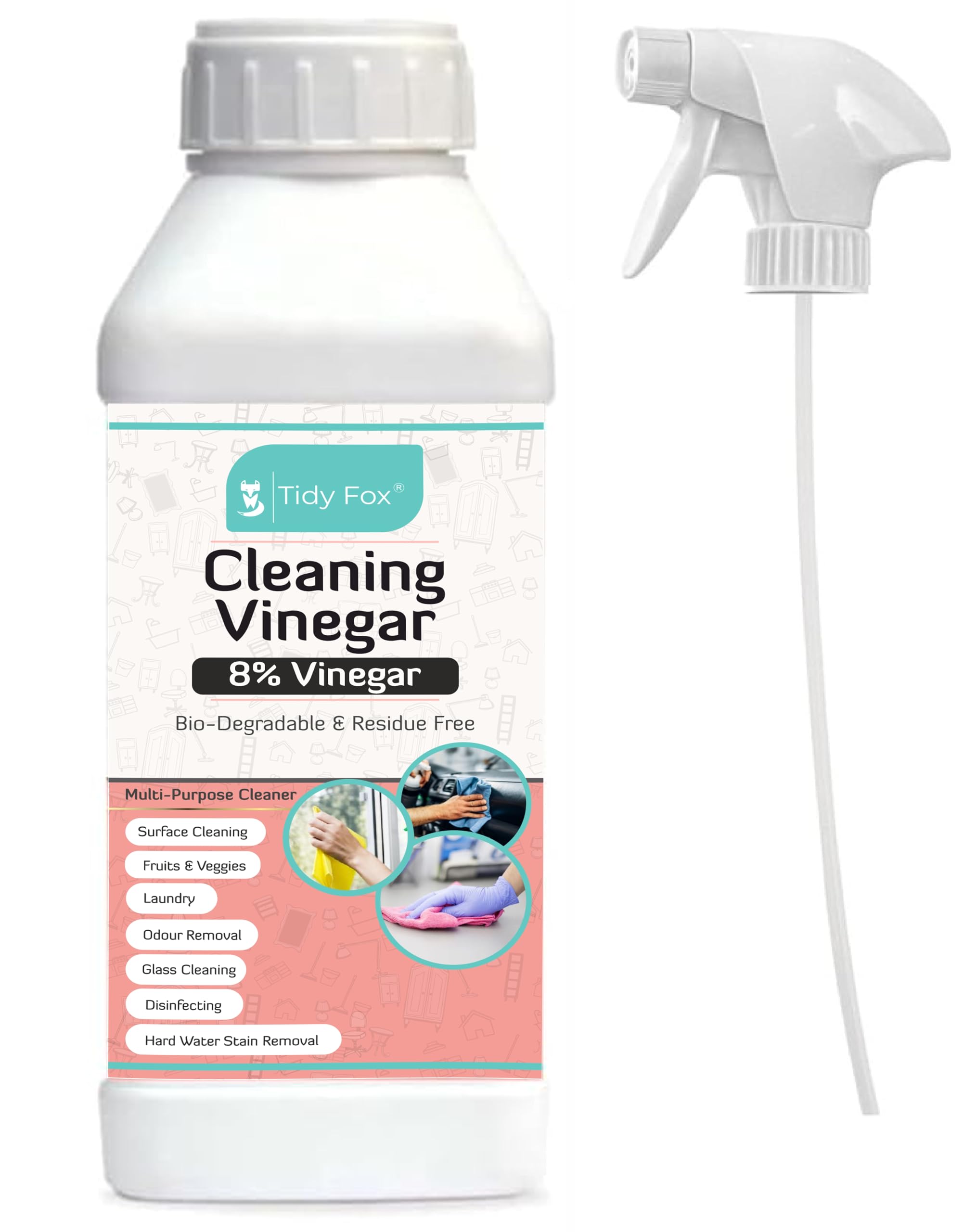 TIDY FOX Vinegar for Cleaning, 8% Concentrated, With Spray, 1 Ltr