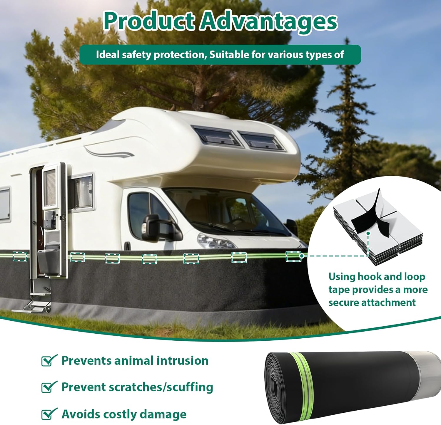 rv skirting for travel trailers & 5th wheels, heavy duty camper insulated skirt with 50 hook & loop fasteners, rv skirt metal & felt all-weather waterproof windproof cold-weather & uv (66.5 x 2.6ft) 66.5ft×2.6ft