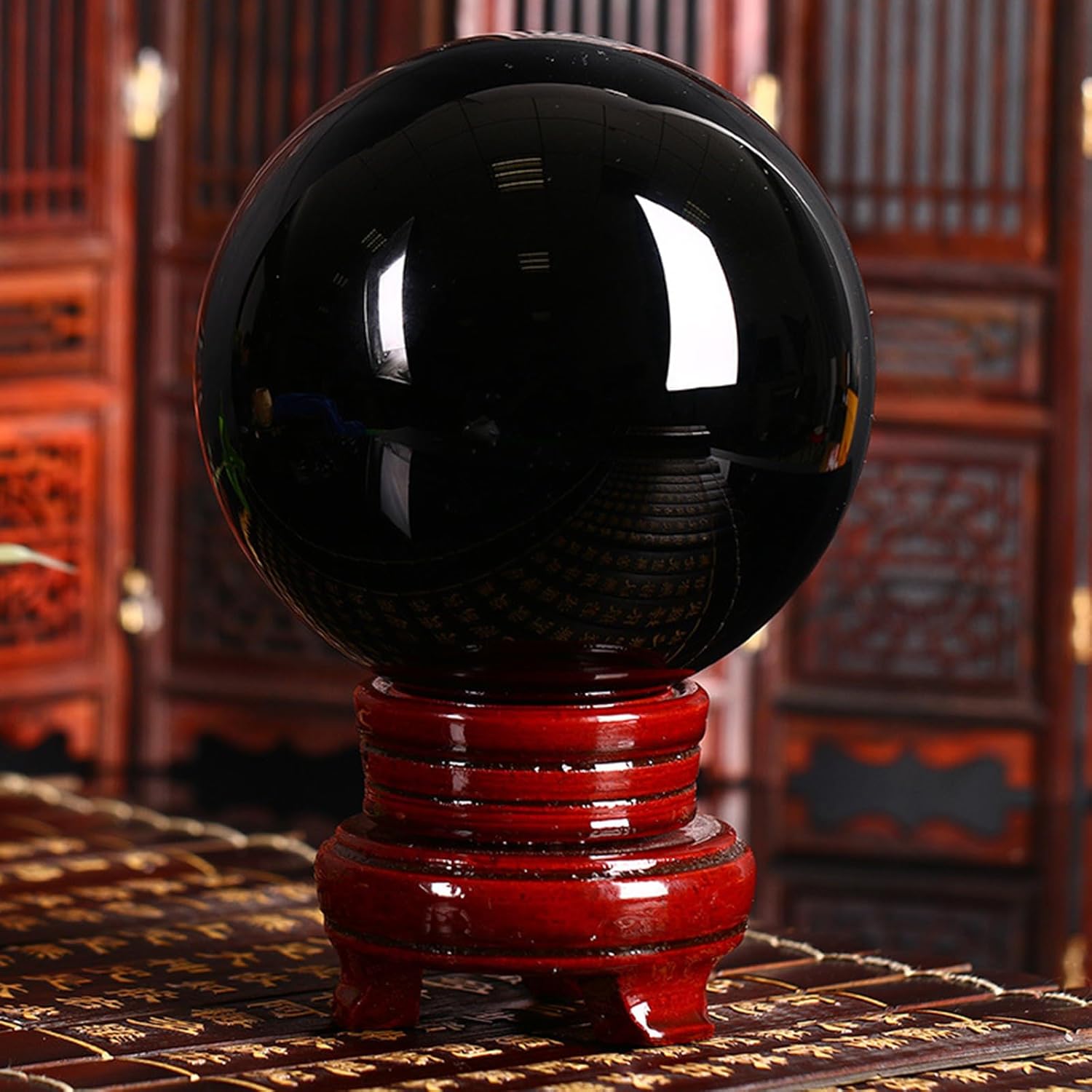 Black Obsidian Crystal Sphere,Feng Shui Ball with Wooden Stand,Quartz for,Home Decoration,70mm/2.75in