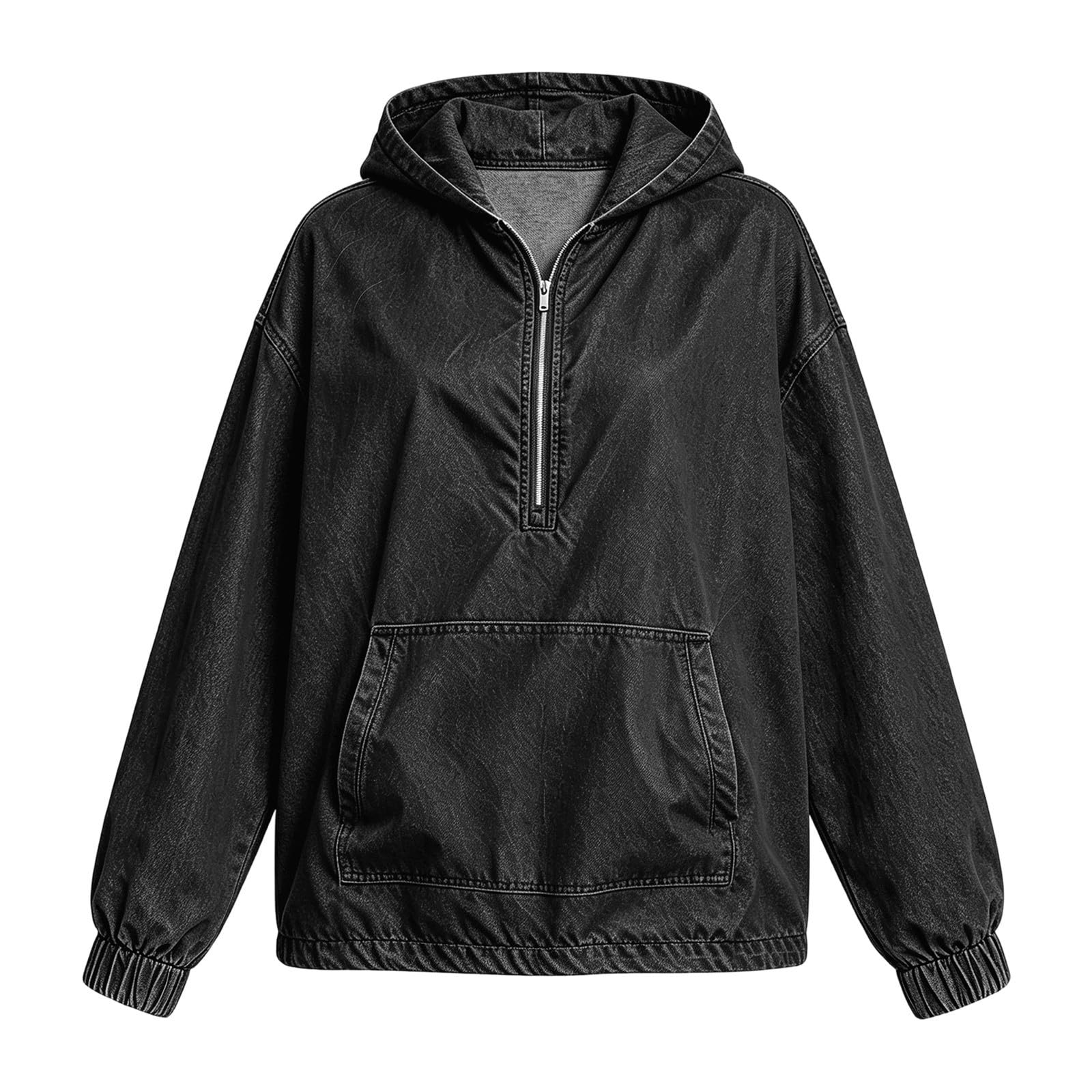 Generico Giacca in jeans da donna, a maniche lunghe, mezza cerniera, con tasche, vintage, invecchiata, lavata, casual, alla moda, per escursioni, viaggi, trekking, ciclismo