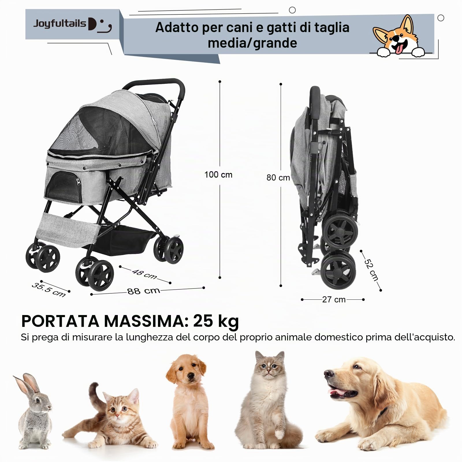 Passeggino per Cani Portata 20KG con Maniglia Reversibile e Cappottina Antipioggia - Carrello Pieghevole per Animali Domestici con Freni e Ampio Cestino, grigio