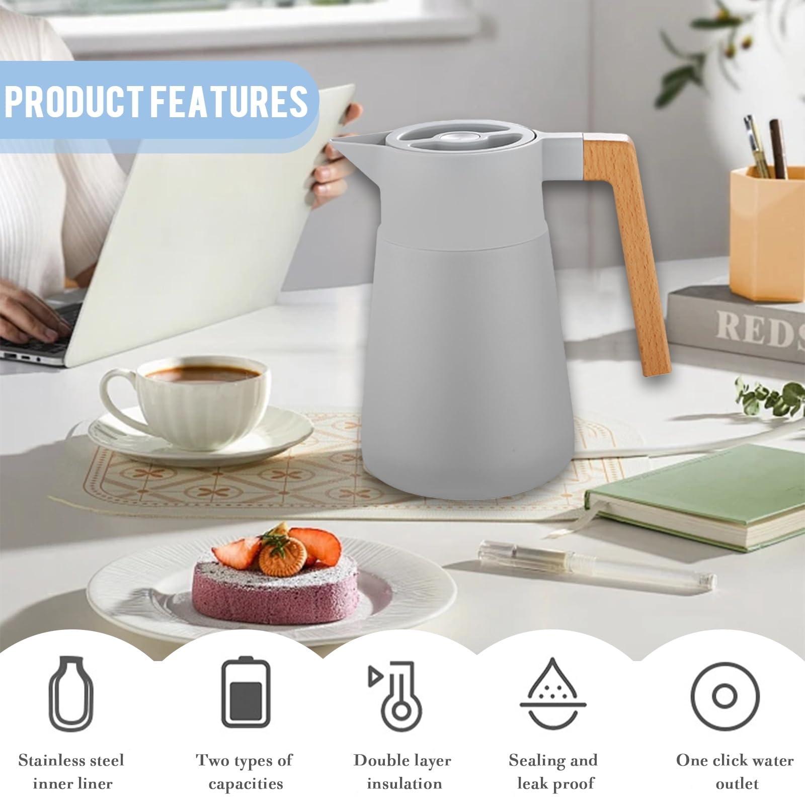 Thermoskanne Kaffeekannen Edelstahl 18/10, Vakuum Isolations, Grosse Kapazität, Mit Holzgriff, Thermosflasche Für Heißen Und Kalten Tee Kaffee, Isolierkanne, Für Home Office Hotel (Grau,1.5L)